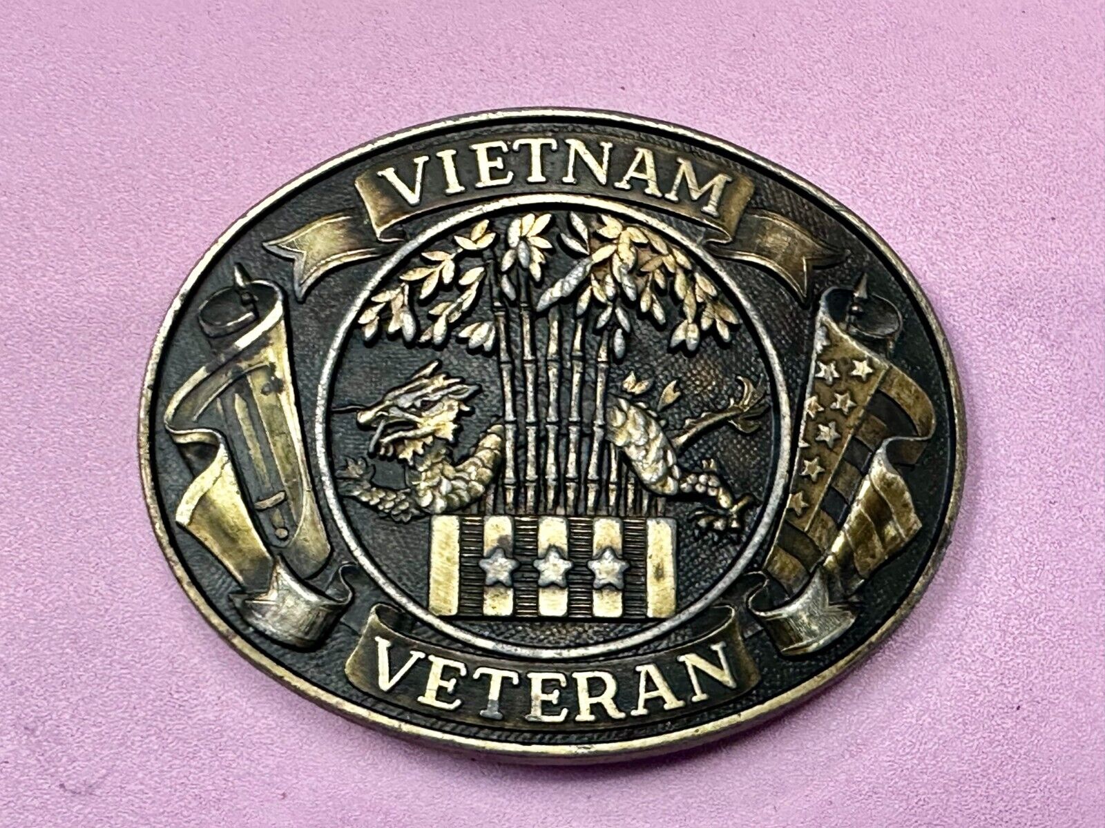Vietnam Veteran Dragon Bamboo & Flag's Vsm Service Medal Logo Belt Buckle