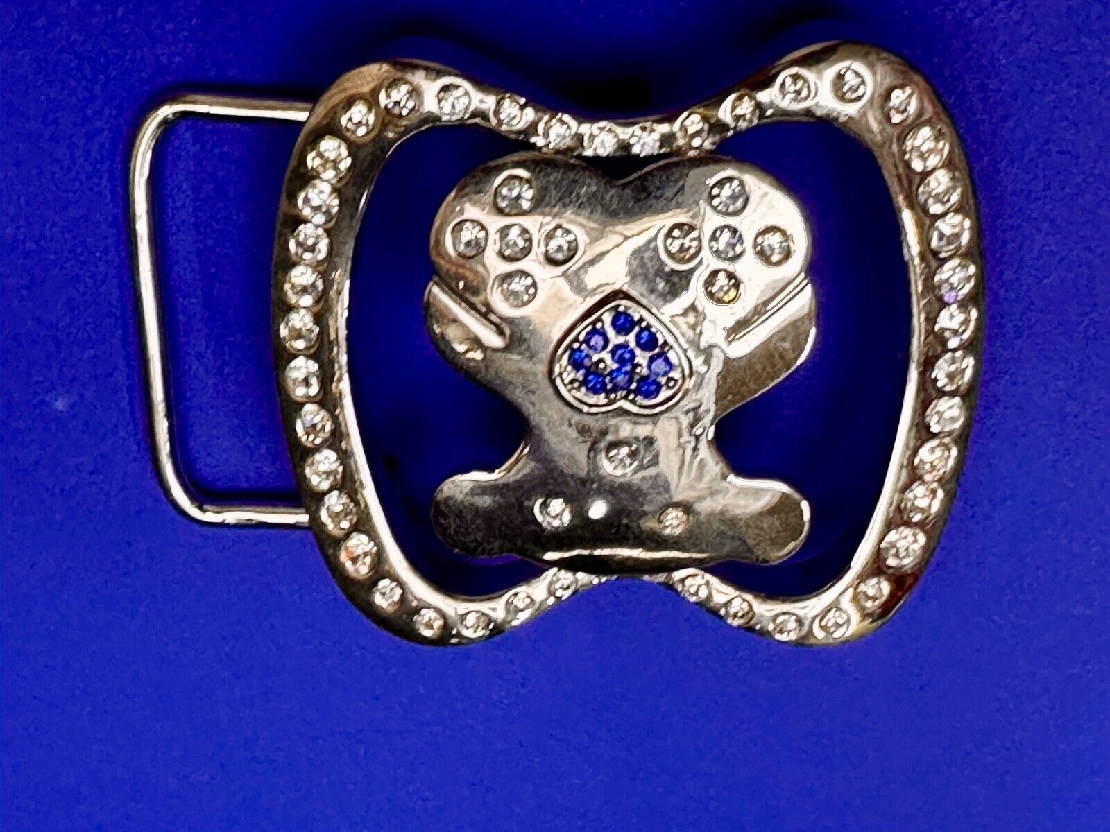 Teddy Bear W/ Heart Clear & Blue Rhinestone Accented Belt Buckle
