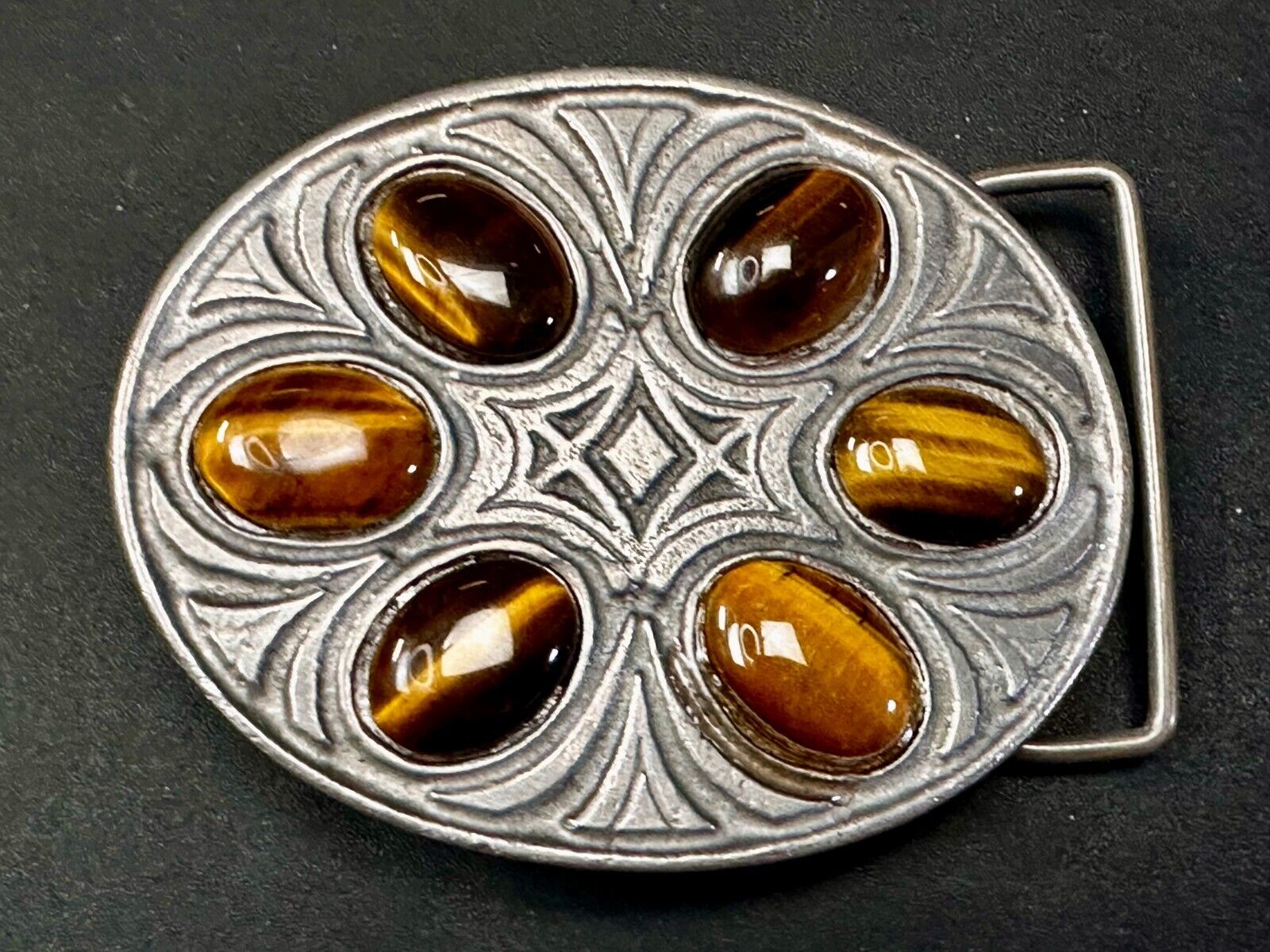 Tigers Eye Gemstones Cabs  Native Indian Style? Vintage Pewter Oval Belt Buckle