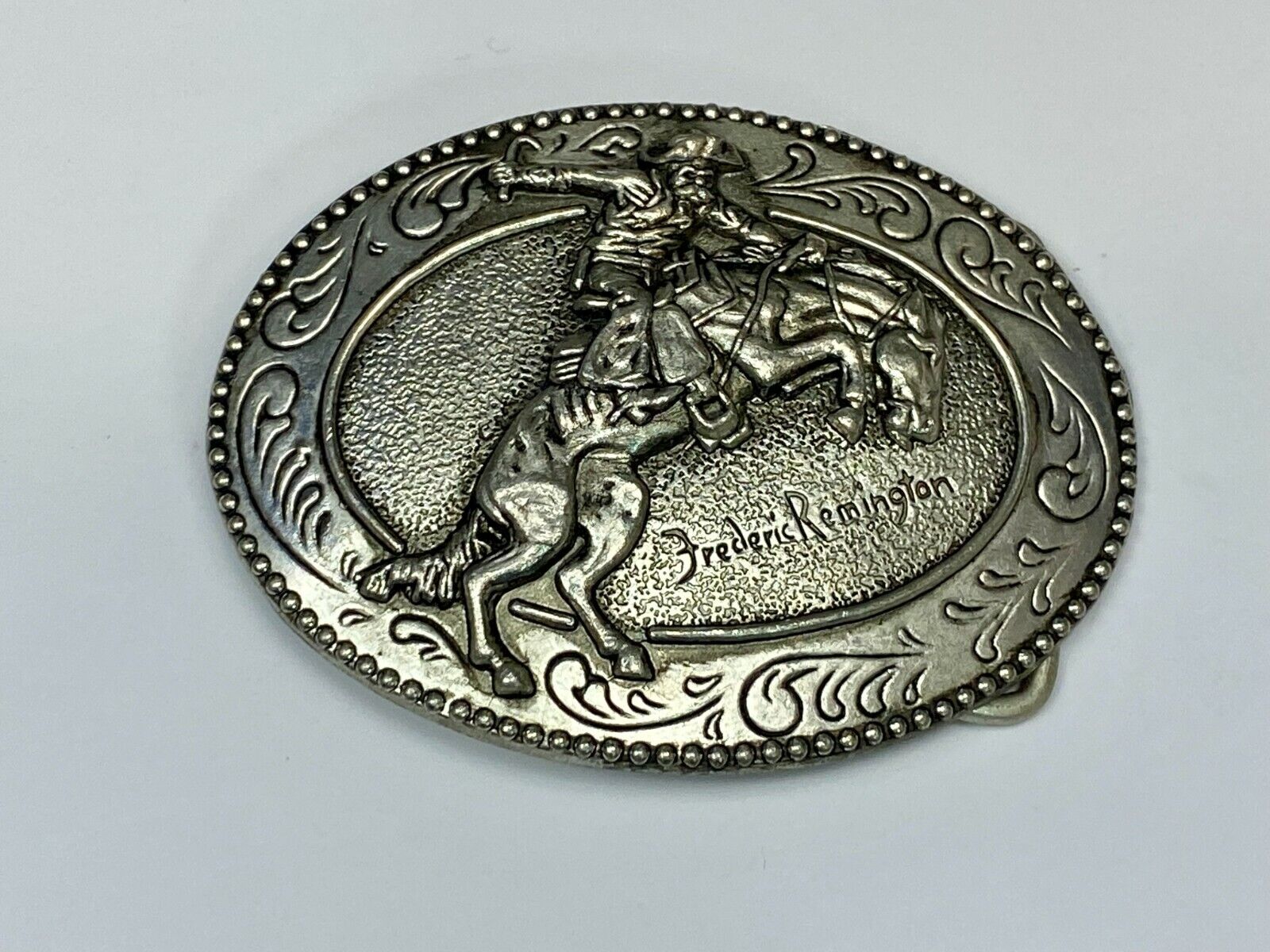An Indian Trapper Frederick Remington Cowboy Horse Vintage Belt Buckle