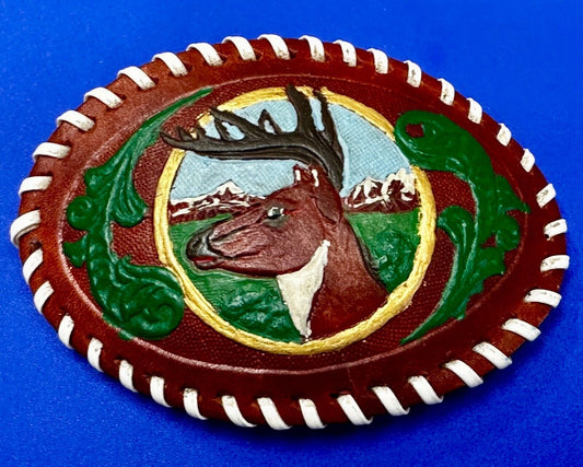 Artisan Leather Deer hand stitched large Vintage Belt Buckle