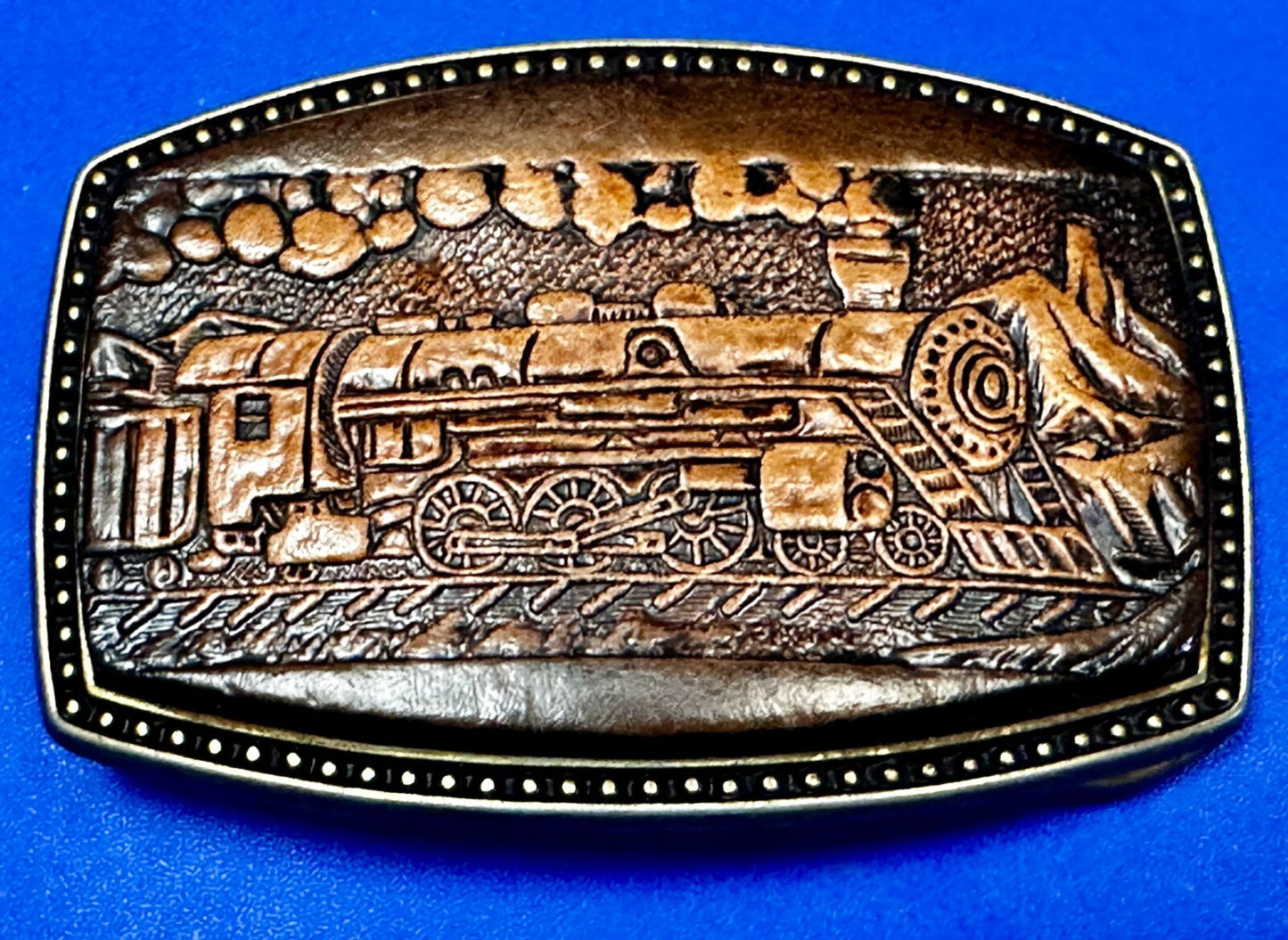 #4108 Train Locomotive Railroad Vtg. Leather on Metal Alumaline Belt Buckle