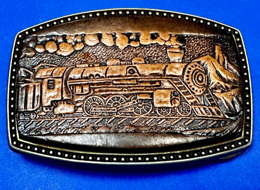 #4108 Train Locomotive Railroad Vtg. Leather on Metal Alumaline Belt Buckle