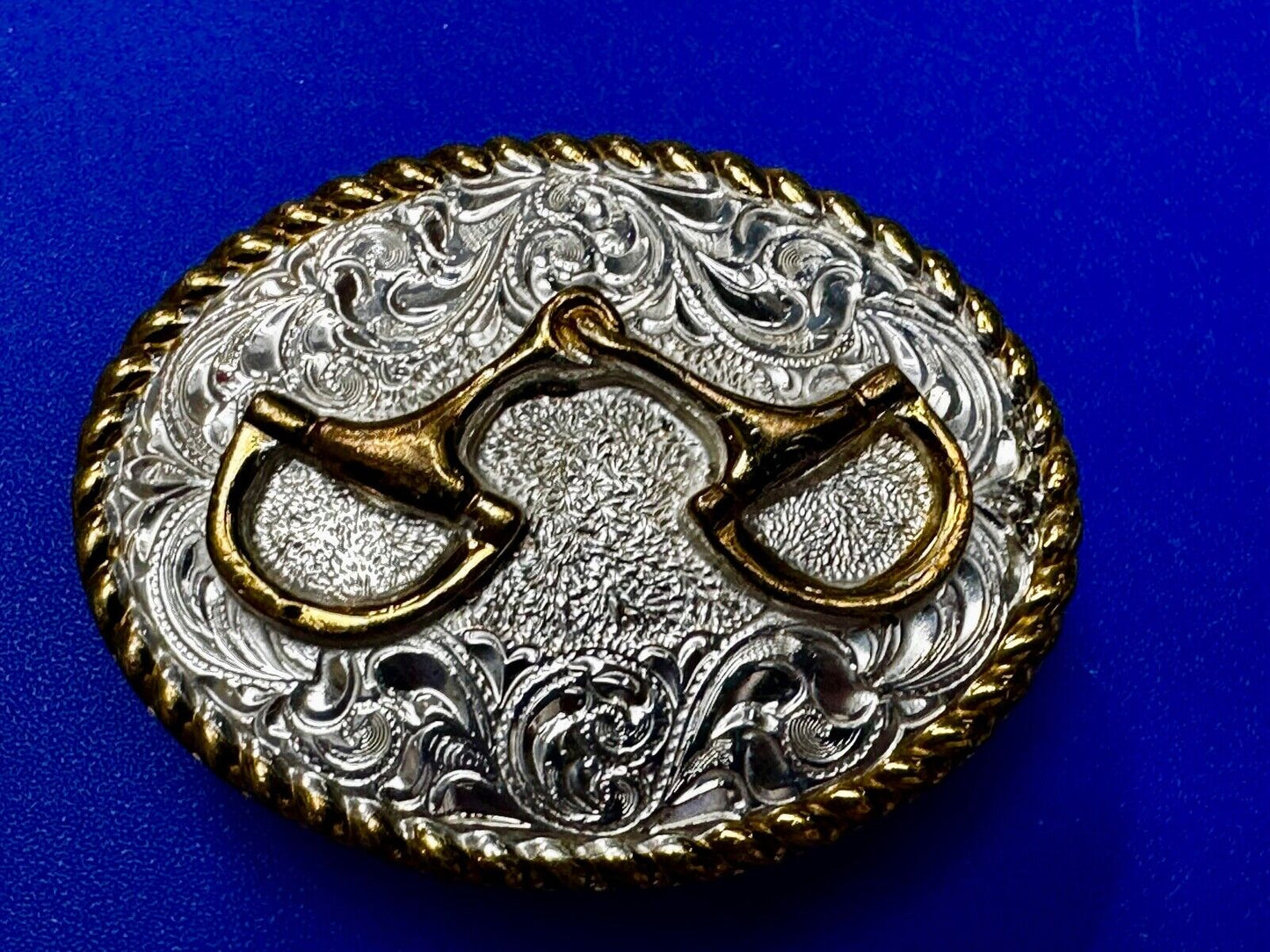 Vintage Crumrine 2" Wide Small Two tone Belt Buckle Engraved Swirl Design