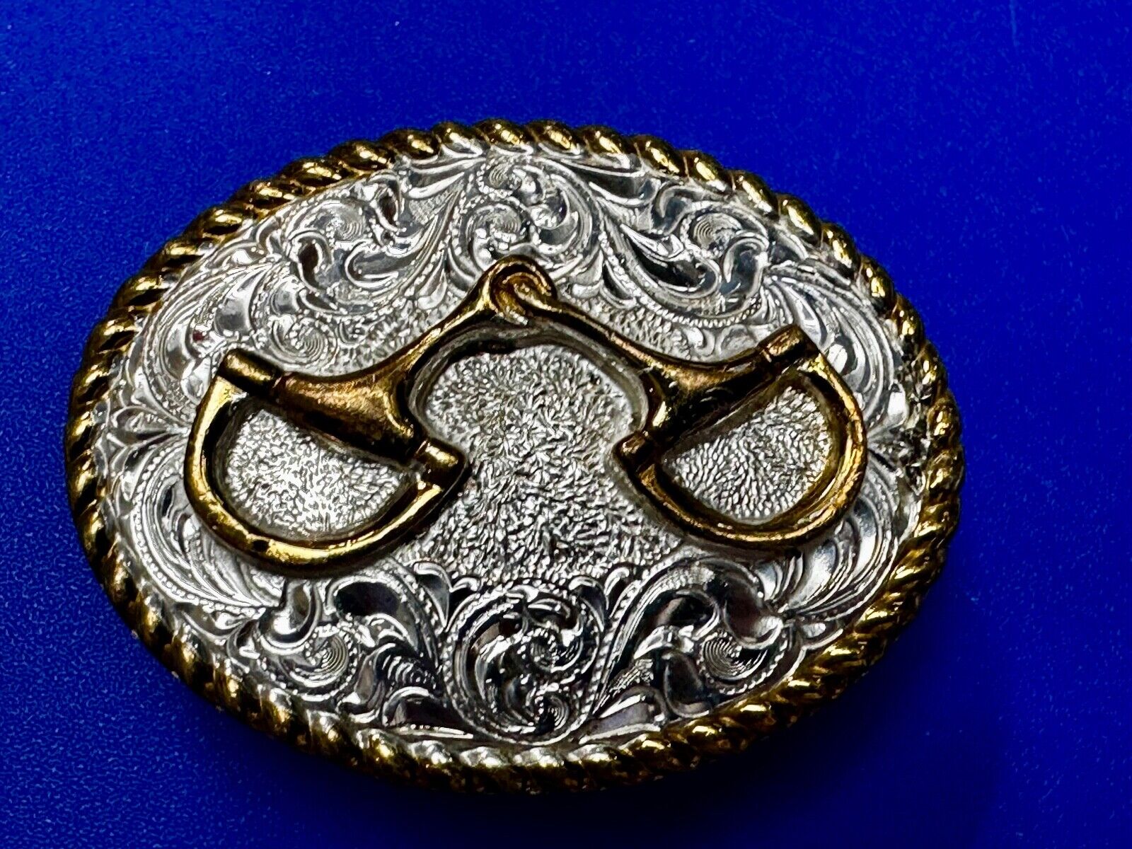 Vintage Crumrine 2" Wide Small Two tone Belt Buckle Engraved Swirl Design