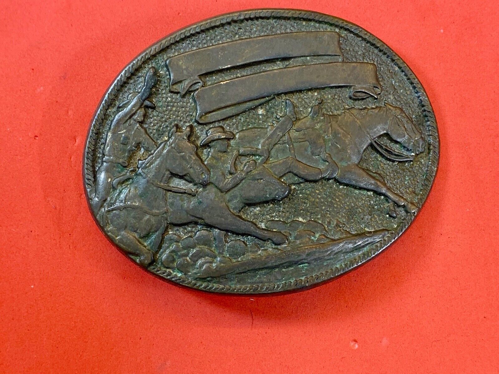 Vintage cowboys from wild west riding horseback belt buckle - blank ribbon award