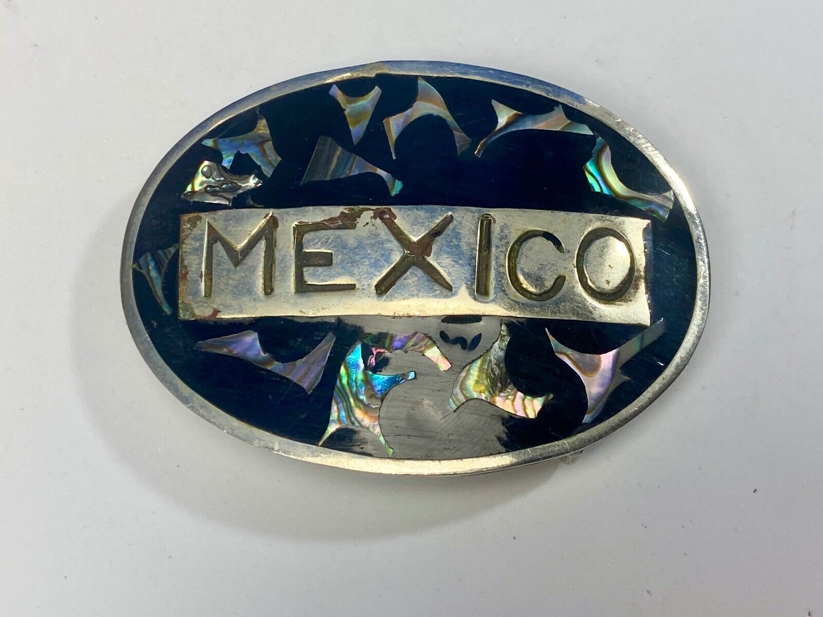 Vintage Inlaid Mother of Pearl MEXICO Spelled Out country belt buckle 