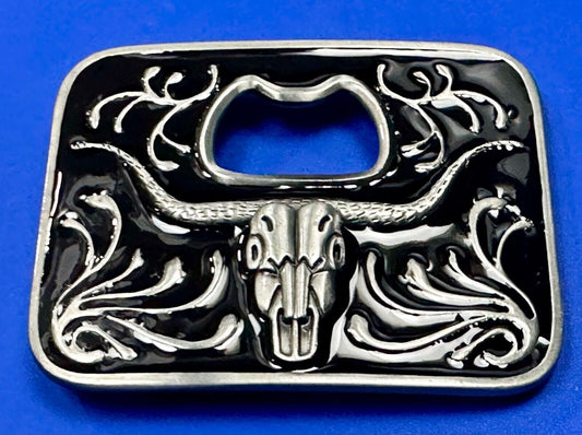 Texas longhorn - black and silver color belt buckle bottle opener