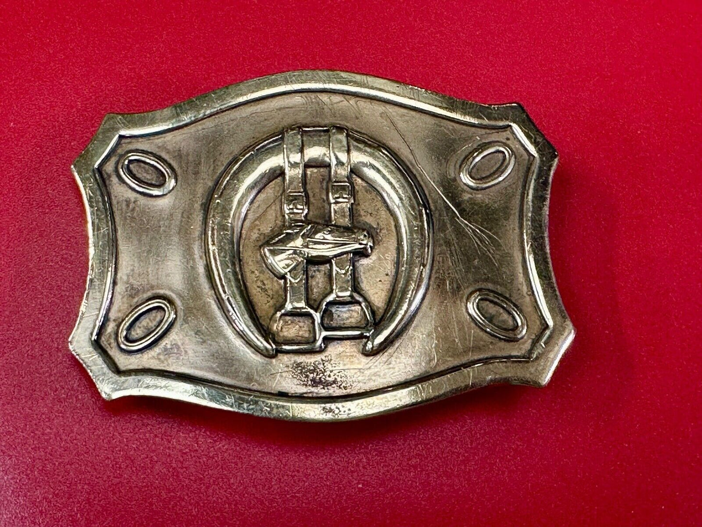 Vintage horse, head &  stirrups western lucky horseshoe belt buckle