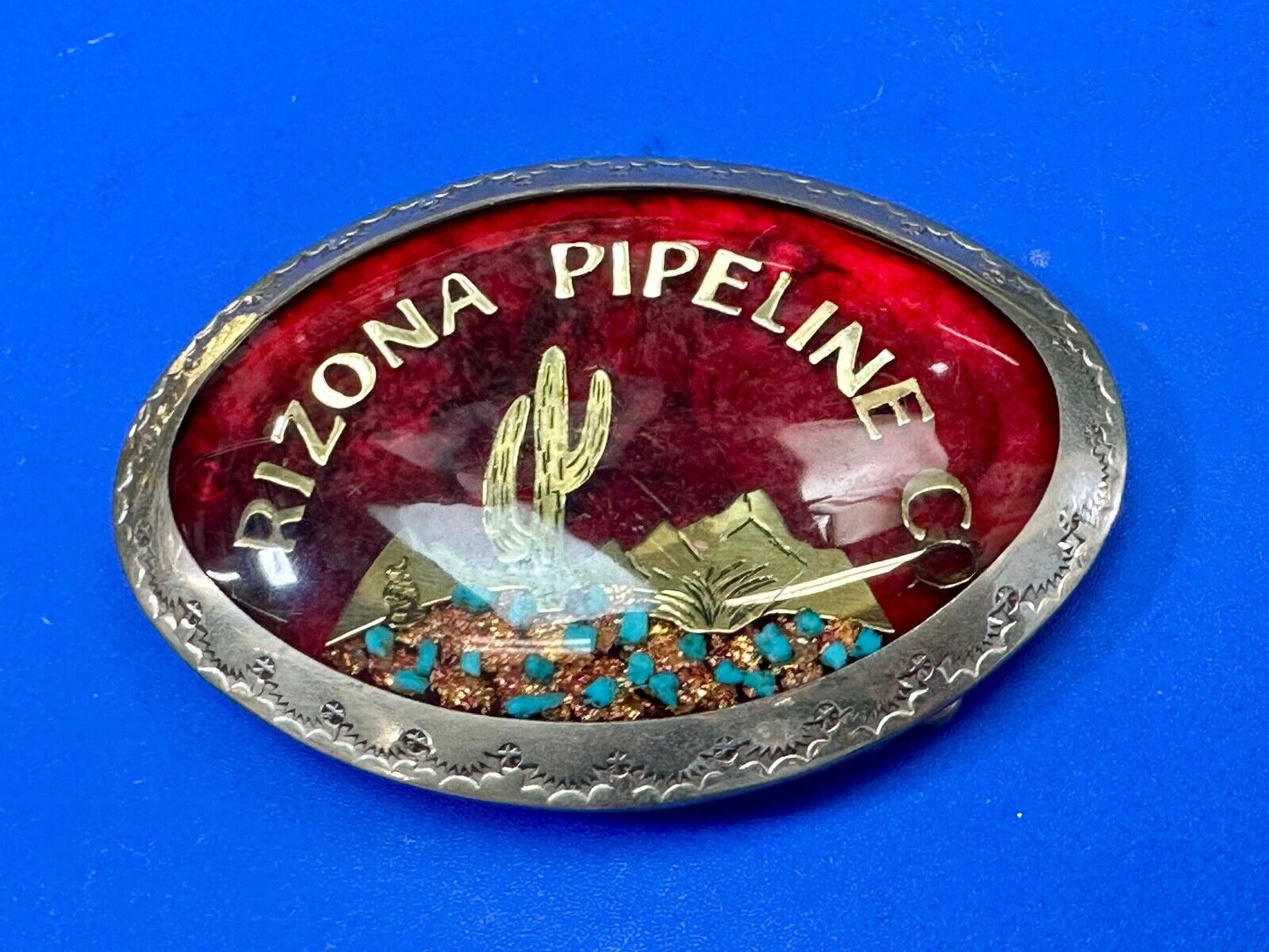 Arizona Pipeline Oil Mine inlaid turquoise Native American hallmark belt buckle