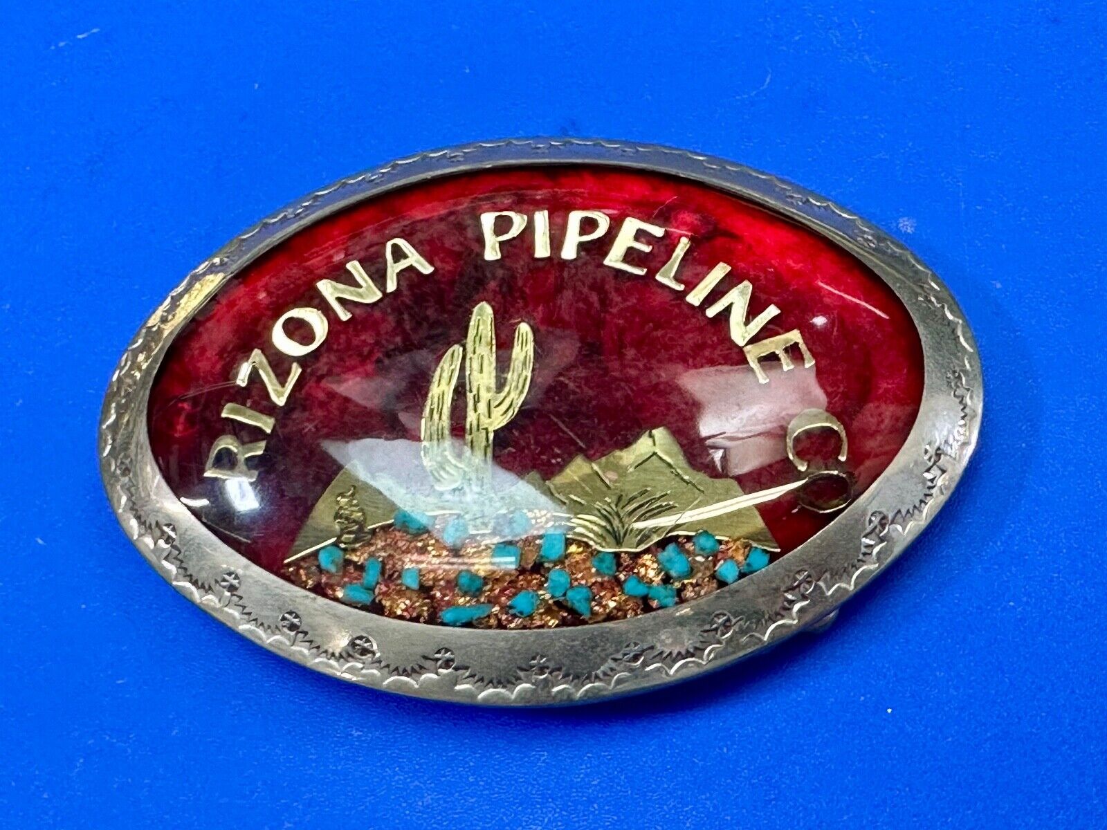 Arizona Pipeline Oil Mine inlaid turquoise Native American hallmark belt buckle