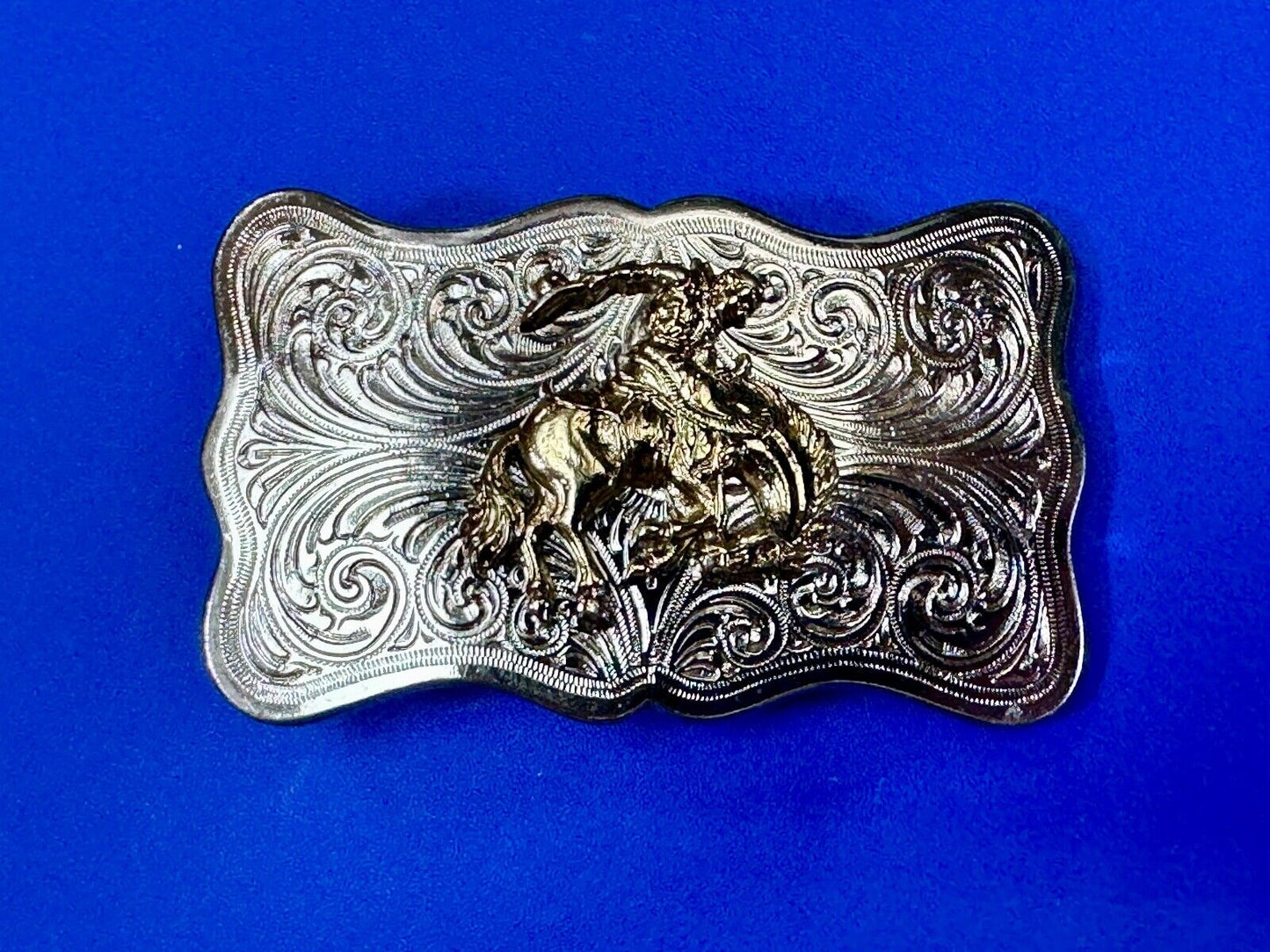 Vintage Cowboy Saddle Bronc western two tone ornate flower swirl belt buckle
