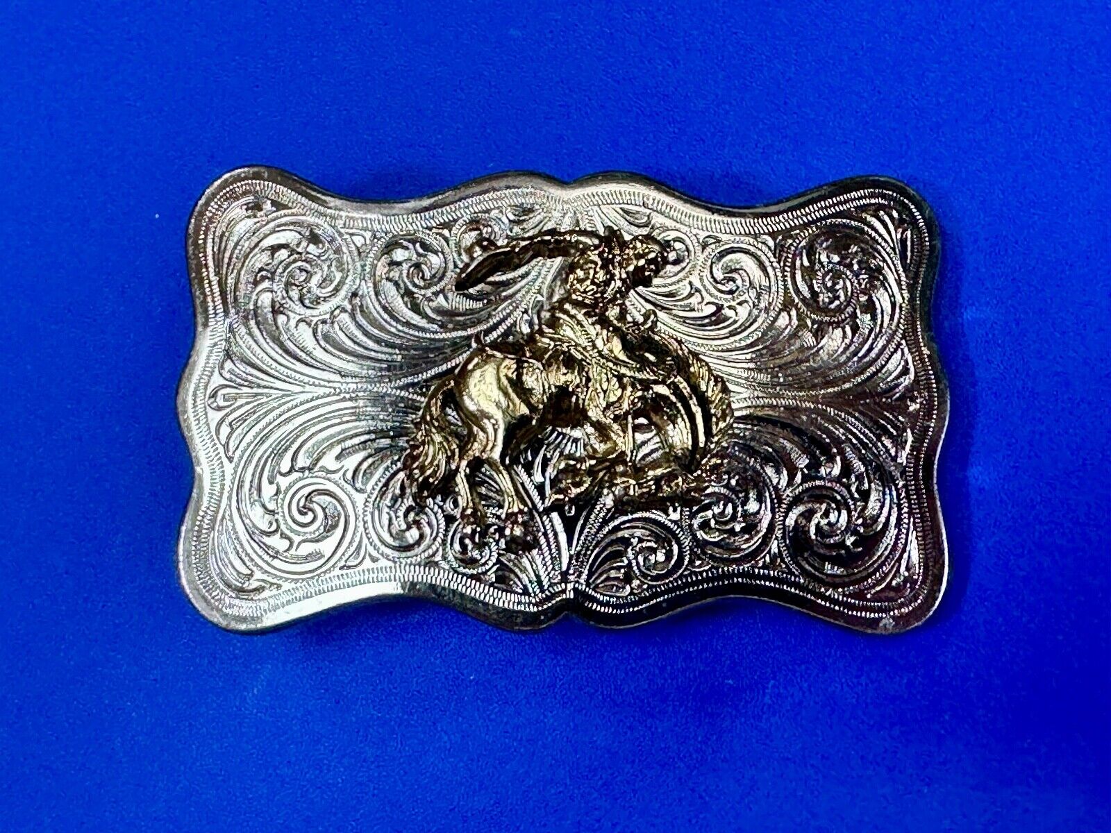 Vintage Cowboy Saddle Bronc western two tone ornate flower swirl belt buckle