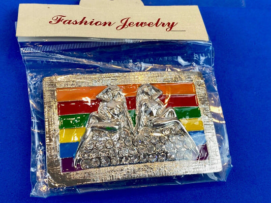 Two women on mound of rhinestones Rainbow colors belt buckle - lgbt lesbian