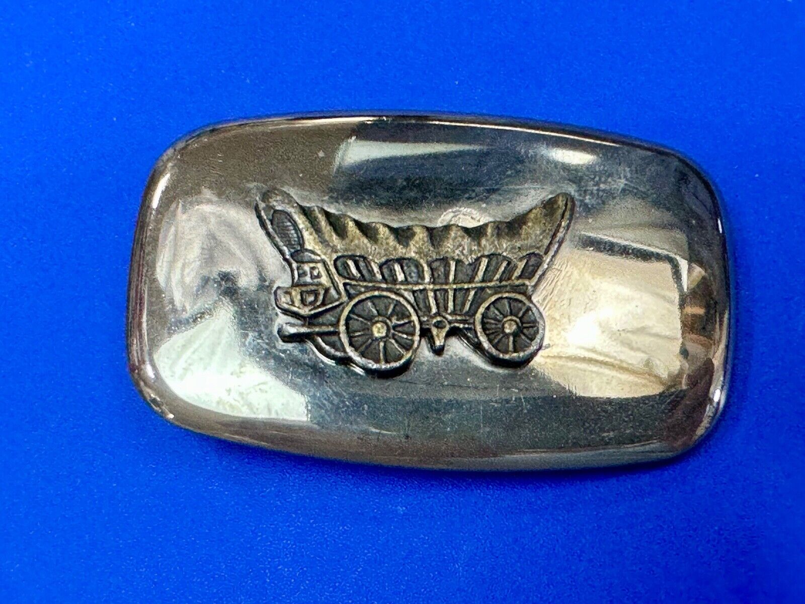 70s Covered Wagon two tone reflective rounded corner USA made belt buckle