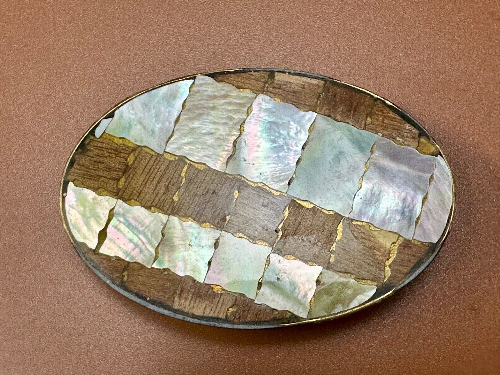 Abalone Shell and wood squares in Vintage oval belt buckle - See Hallmark!