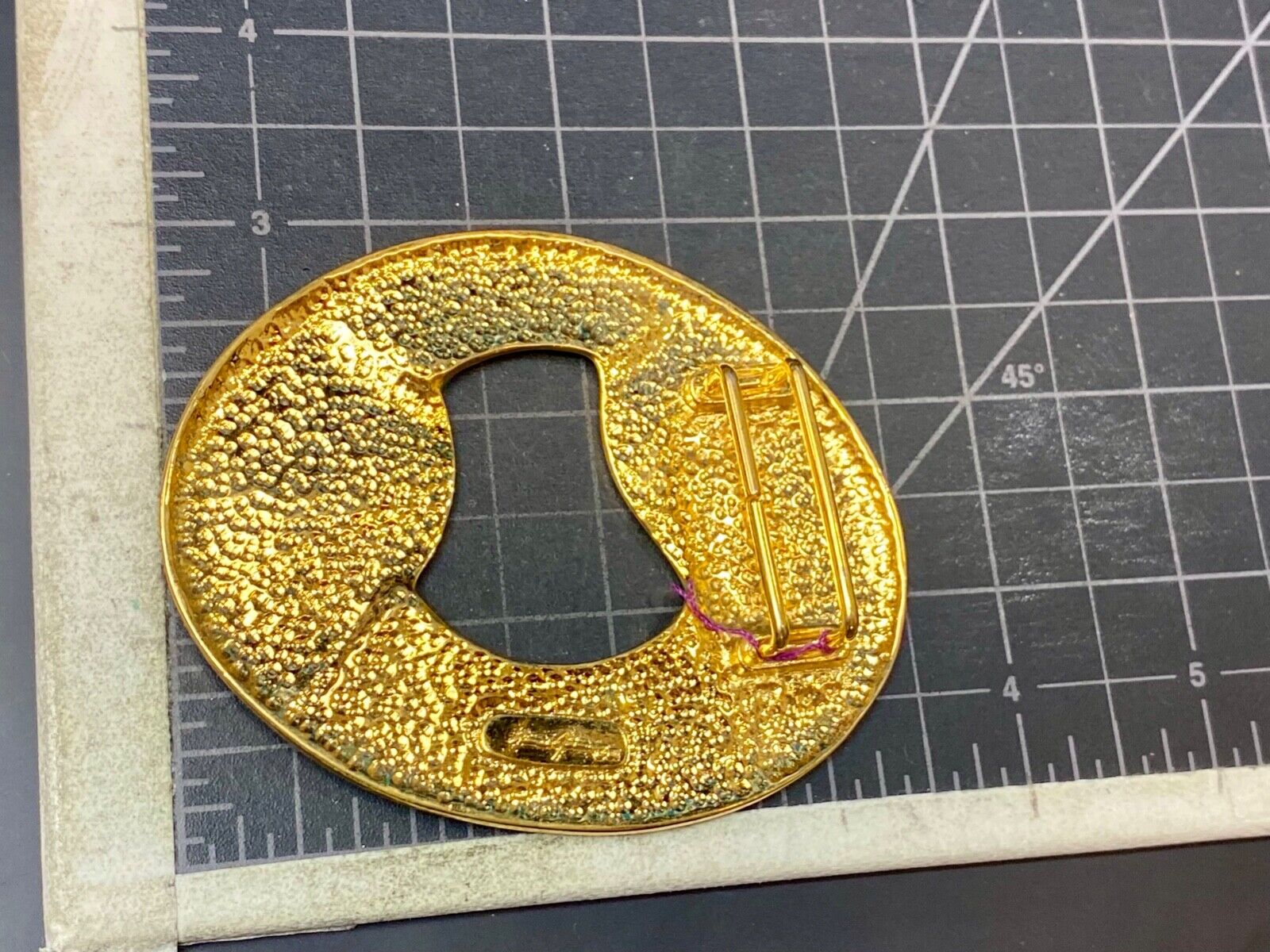 Artist Ginnie Johansen signed gold color abstract oval belt scarf slide