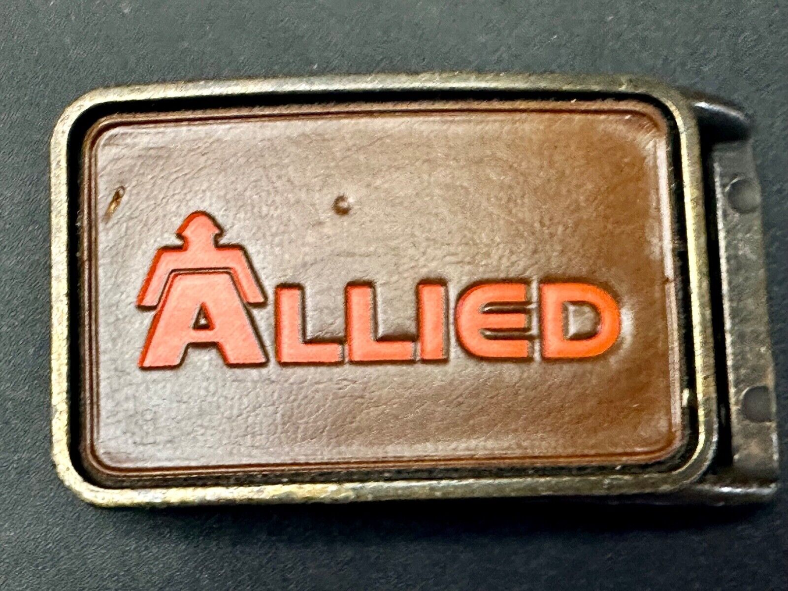 70's Allied Trucking Transportation Vintage leather Belt Buckle orange lettering
