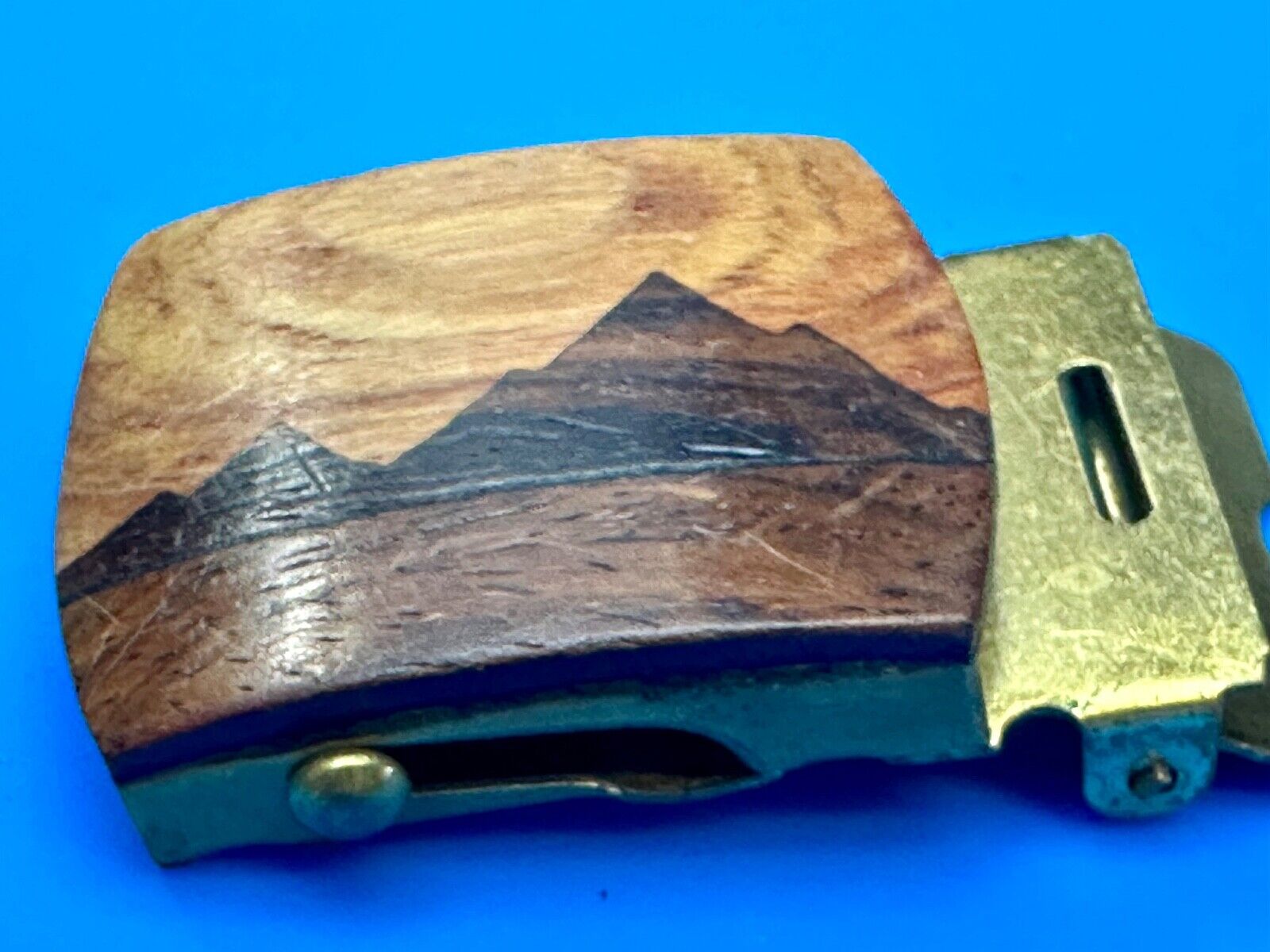 Artisan Mountain scene - Mixed Wood Top Solid Brass Ratchet Dress Belt Buckle