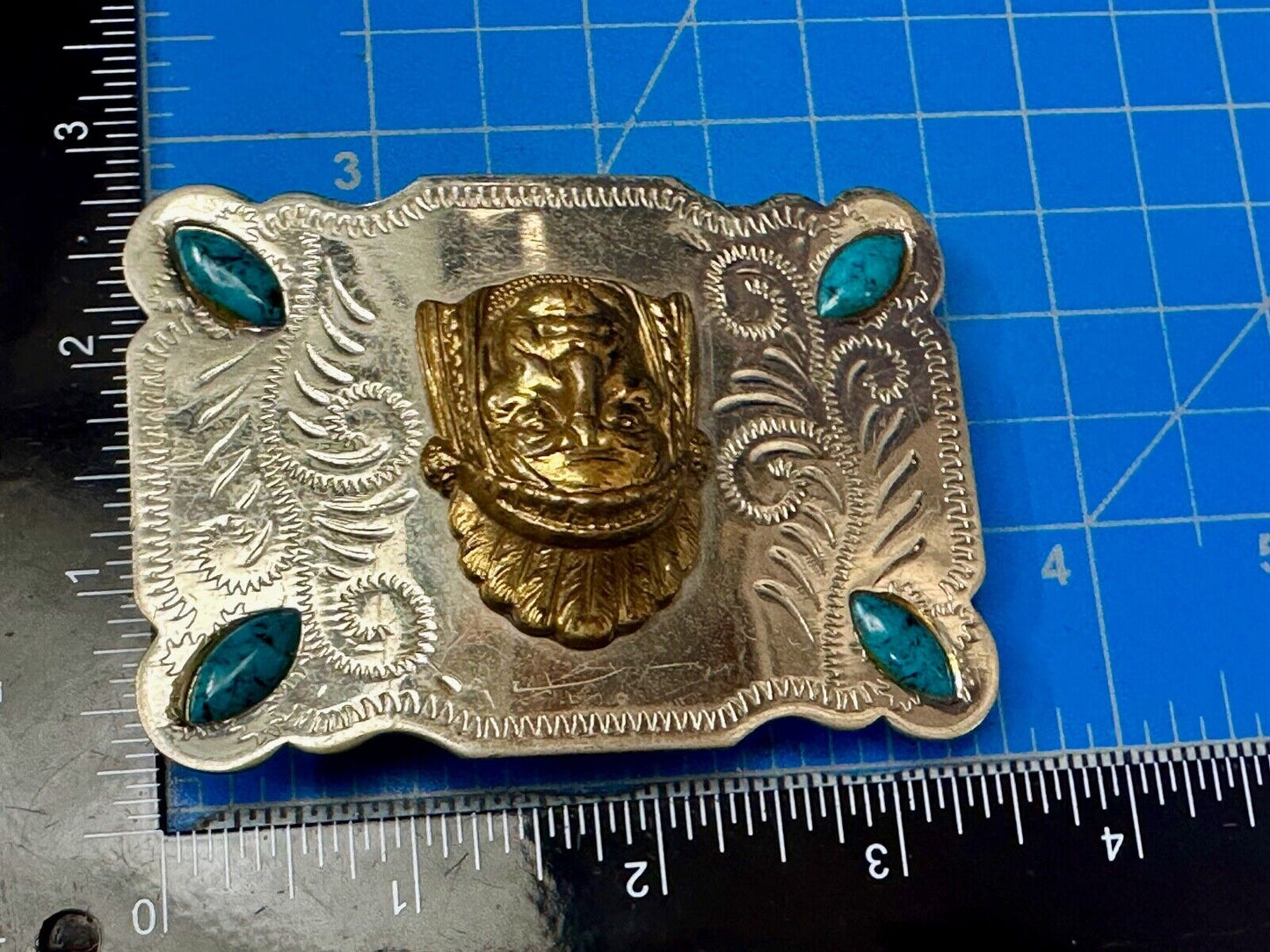 3D Native American Indian Chief & Turquoise stones Nickel Silver Vtg Belt Buckle