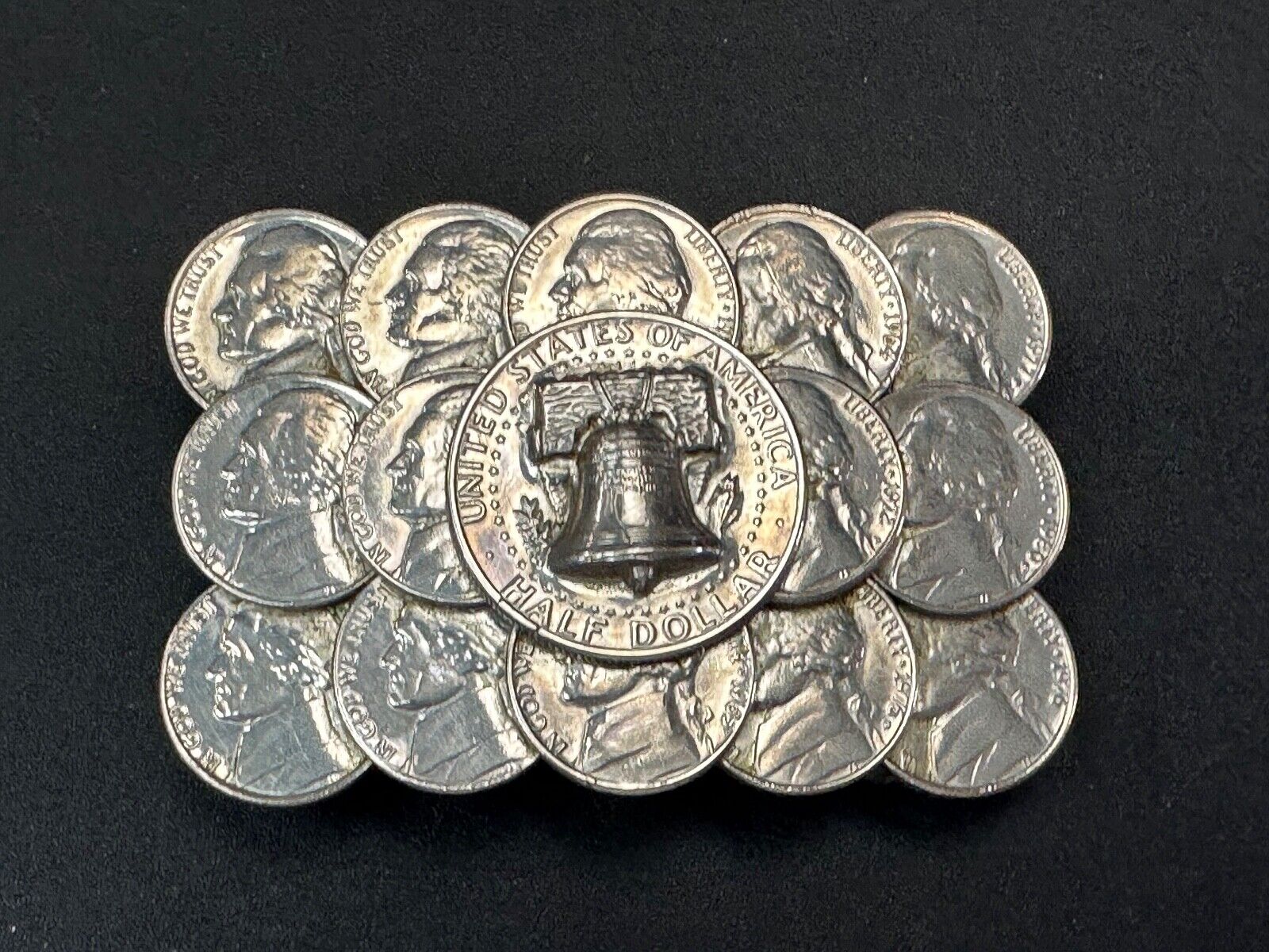 Artist Made Coin Cluster Liberty bell half dollar Nickels belt buckle