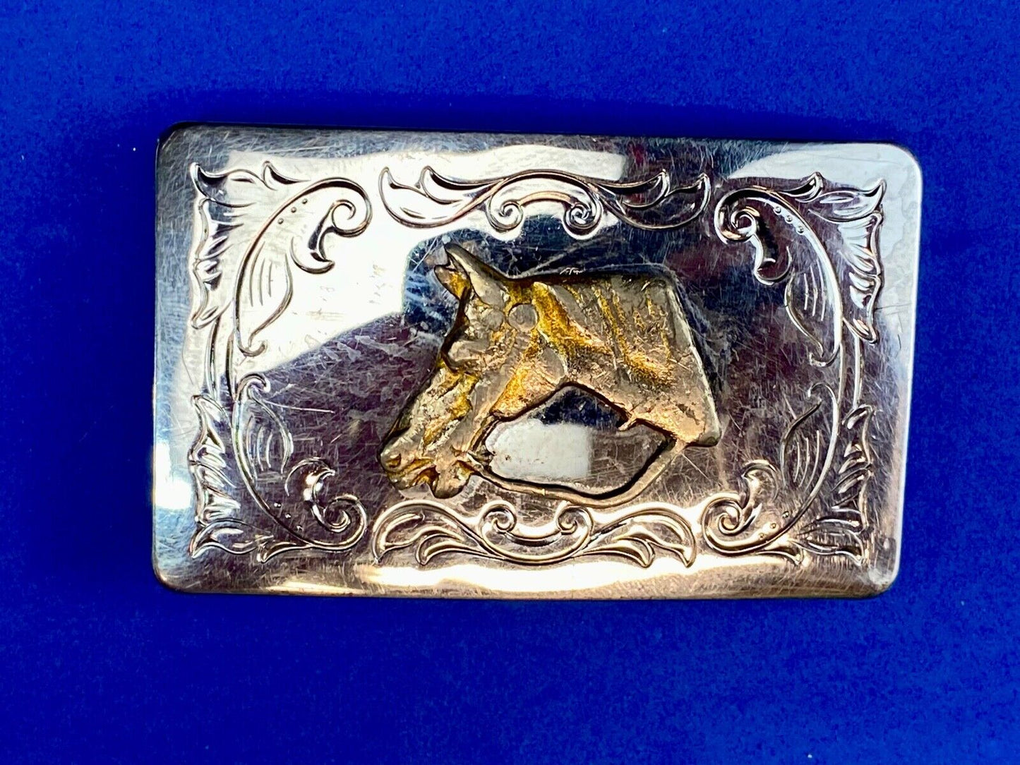 USA made western horse head bust on mixed metal belt buckle 