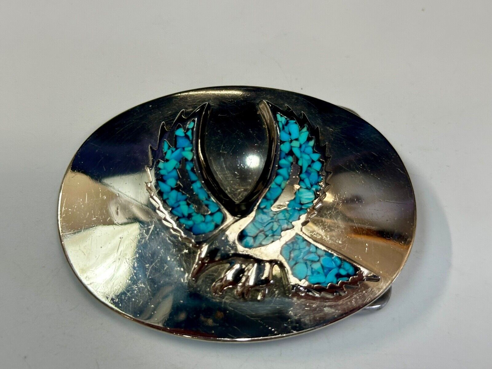 Turquoise Chip inlaid Flying Hunting Diving Patriotic American Eagle Belt Buckle