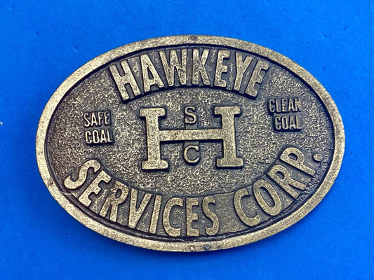 Vintage Hawkeye Safe Clean Coal Services Corp belt buckle by Cardinal Industries