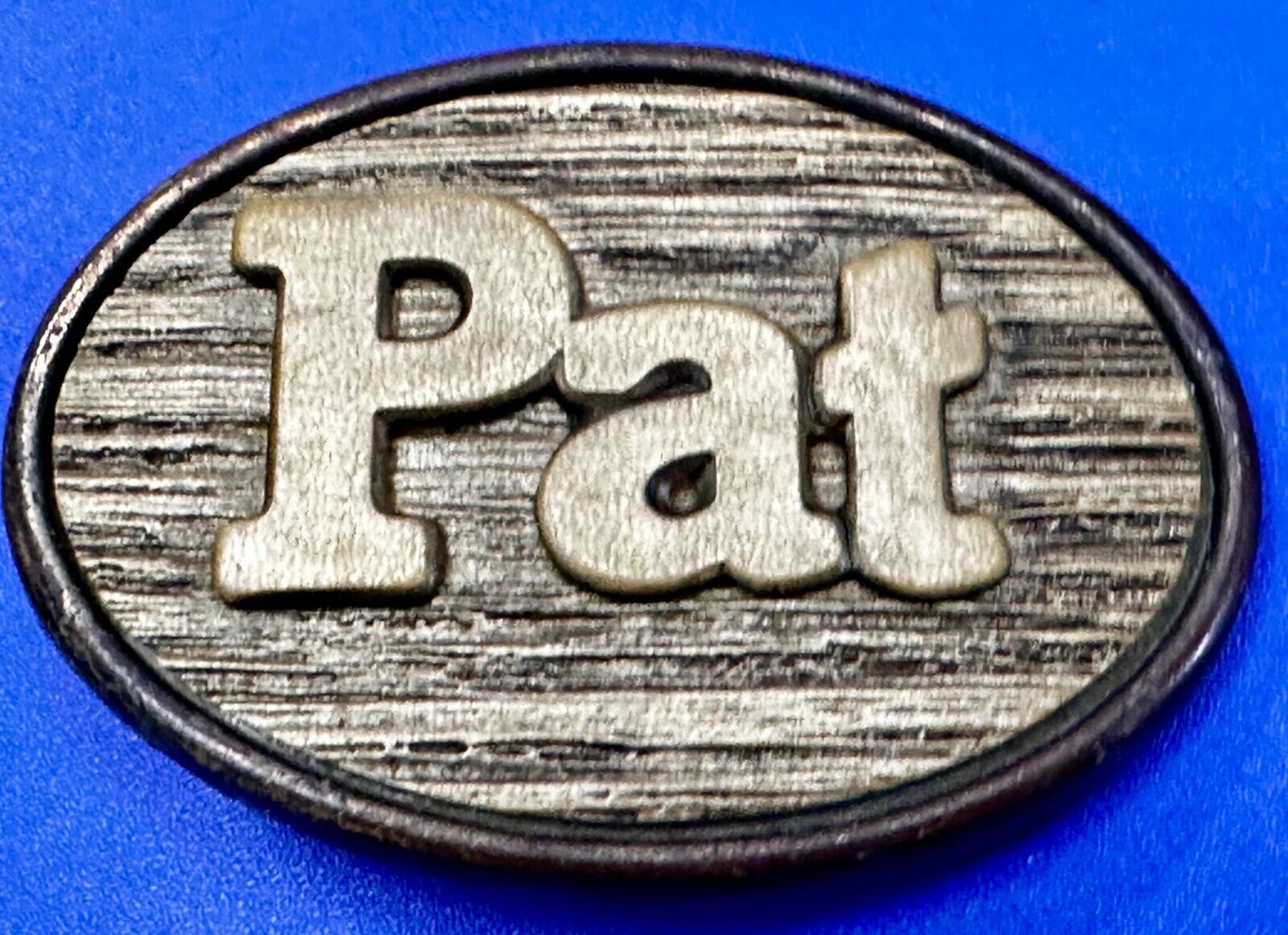 1970s  PAT Name - Custom Wood Grain Metal Oden USA Personalized Belt Buckle