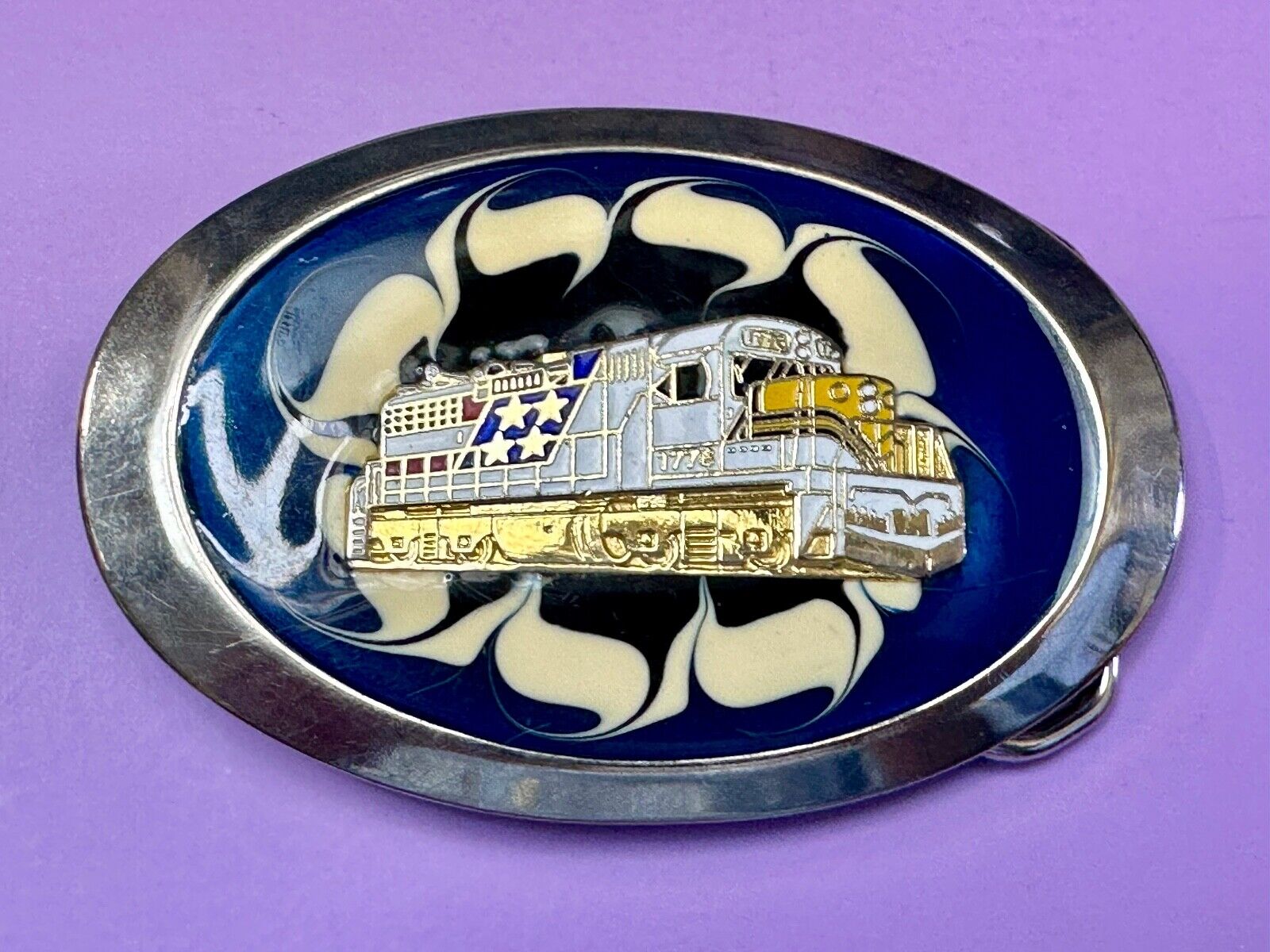 Artisan Trail Car Engine on retro swirl background Vintage Oval Belt Buckle