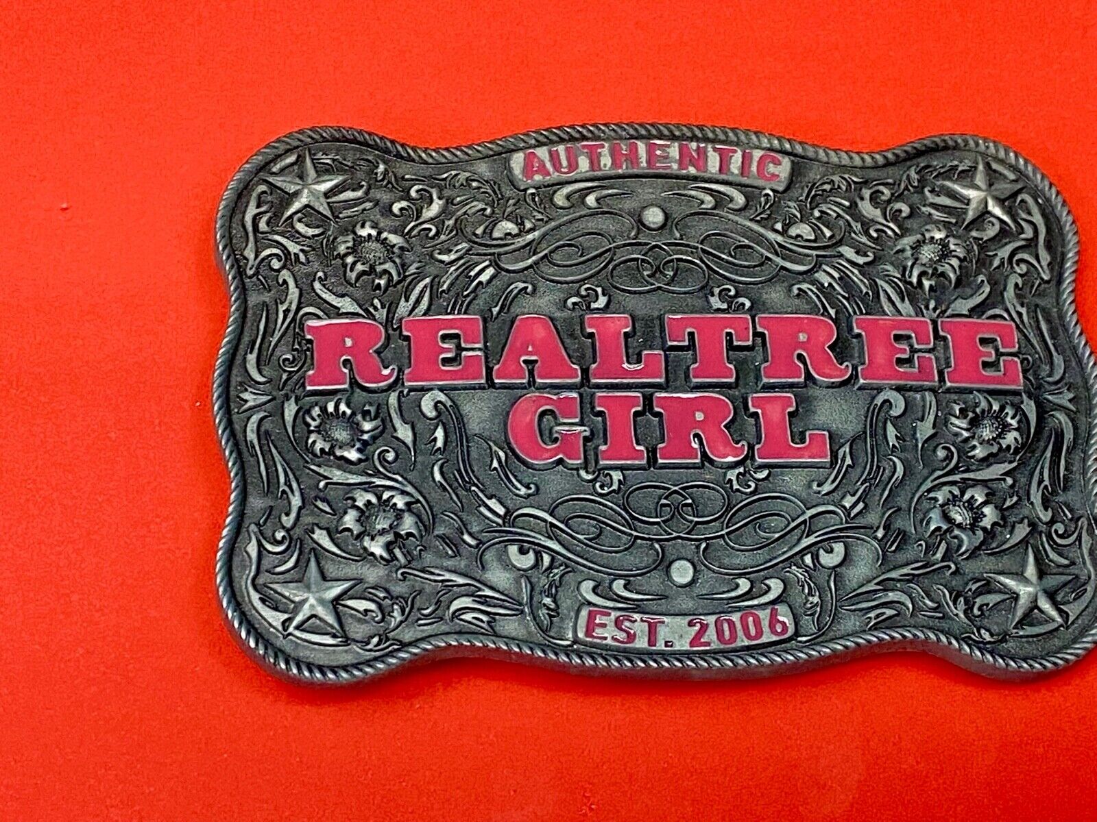 Authentic Realtree Girl Girlie Western Cowgirl Pink Lettering Ornate Belt Buckle
