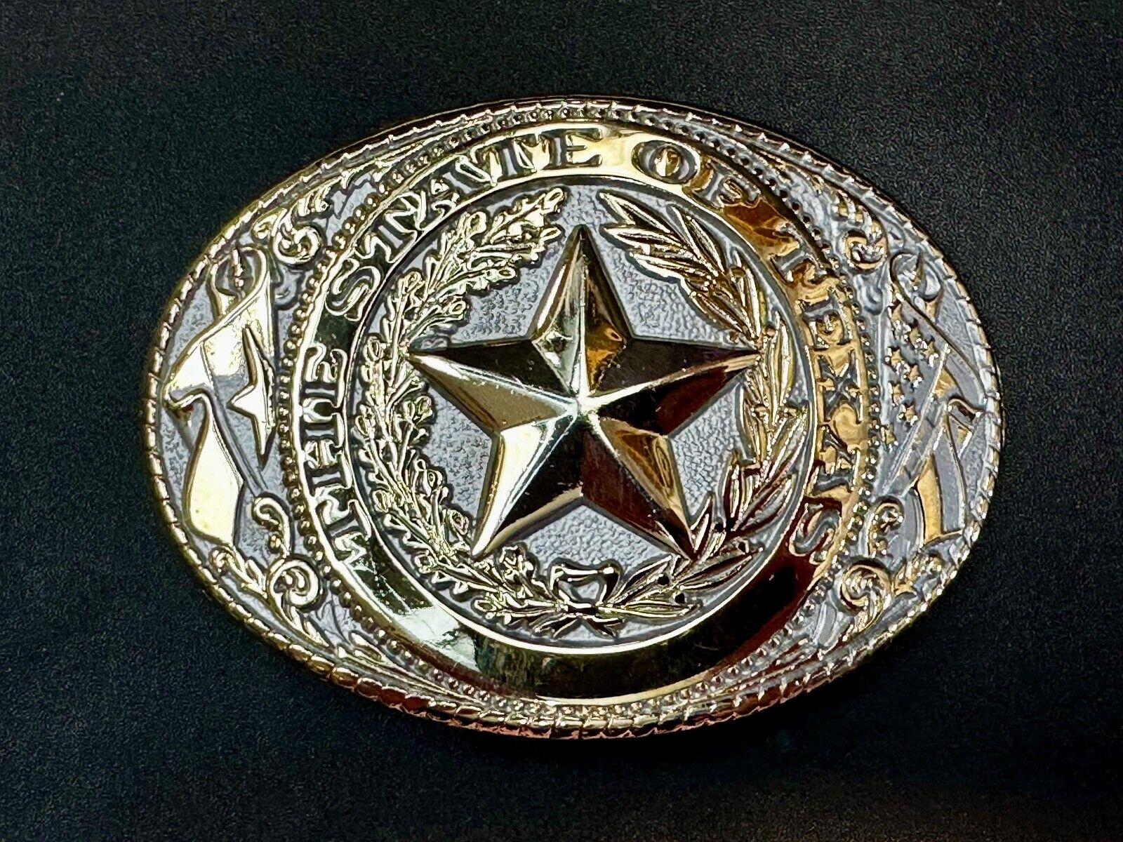 The Great State of Texas Star & Flag western Gold & White Color  Belt Buckle