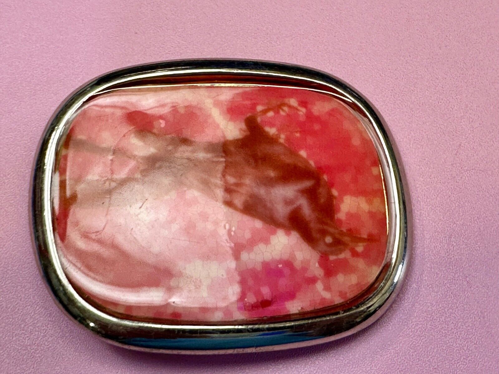 Abstract Dolphin Fish Pink & Red Colored Print on Silver Tone Belt Buckle