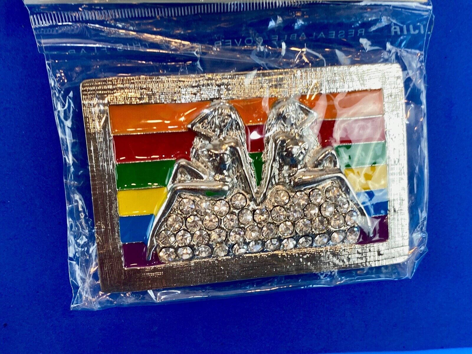 Two women on mound of rhinestones Rainbow colors belt buckle - lgbt lesbian
