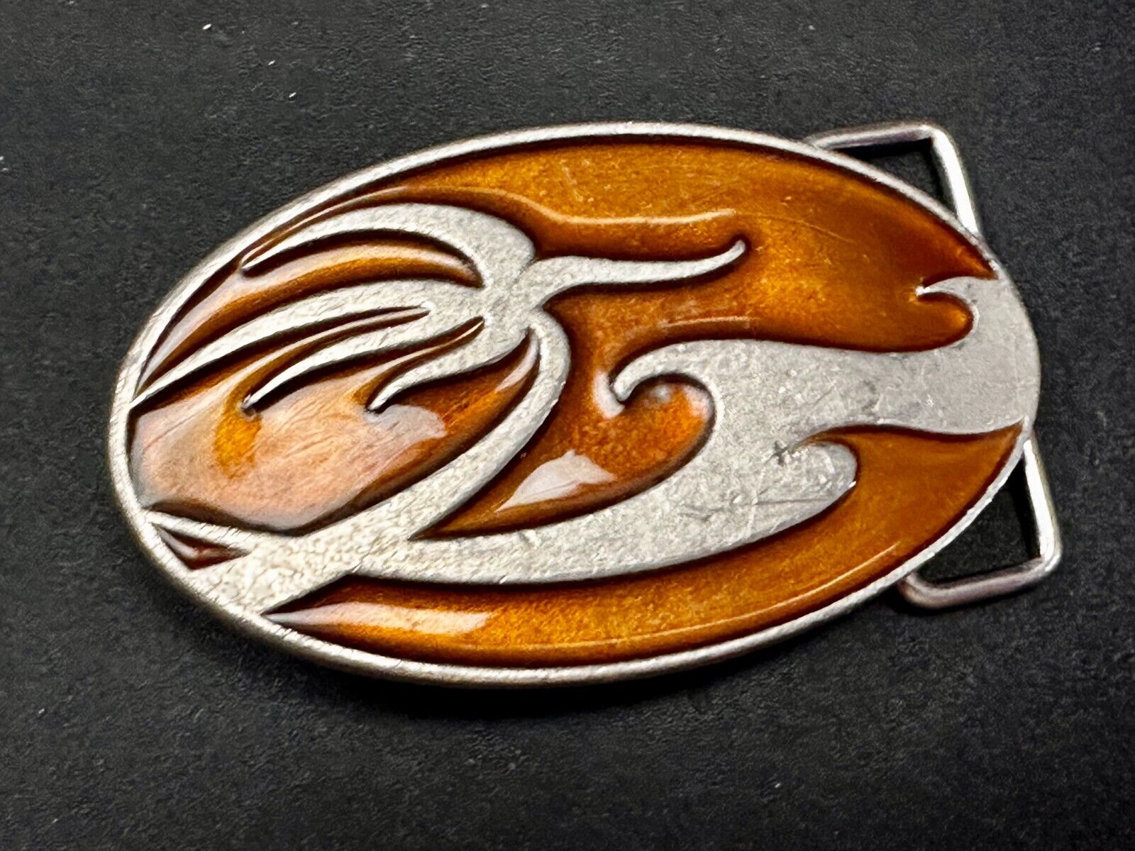 Abstract Pattern Orange Enameled Oval Vintage Fashion Belt Buckle