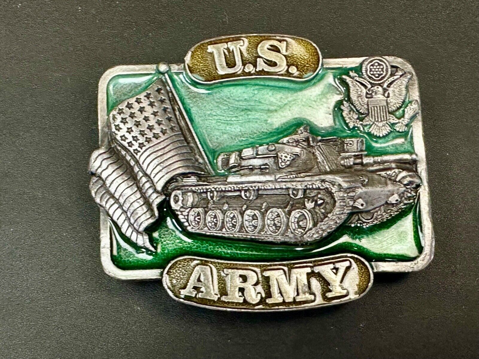 U.S. Army Belt Buckle Tank Flag vintage 1982 Bergamot Brass Works K-32