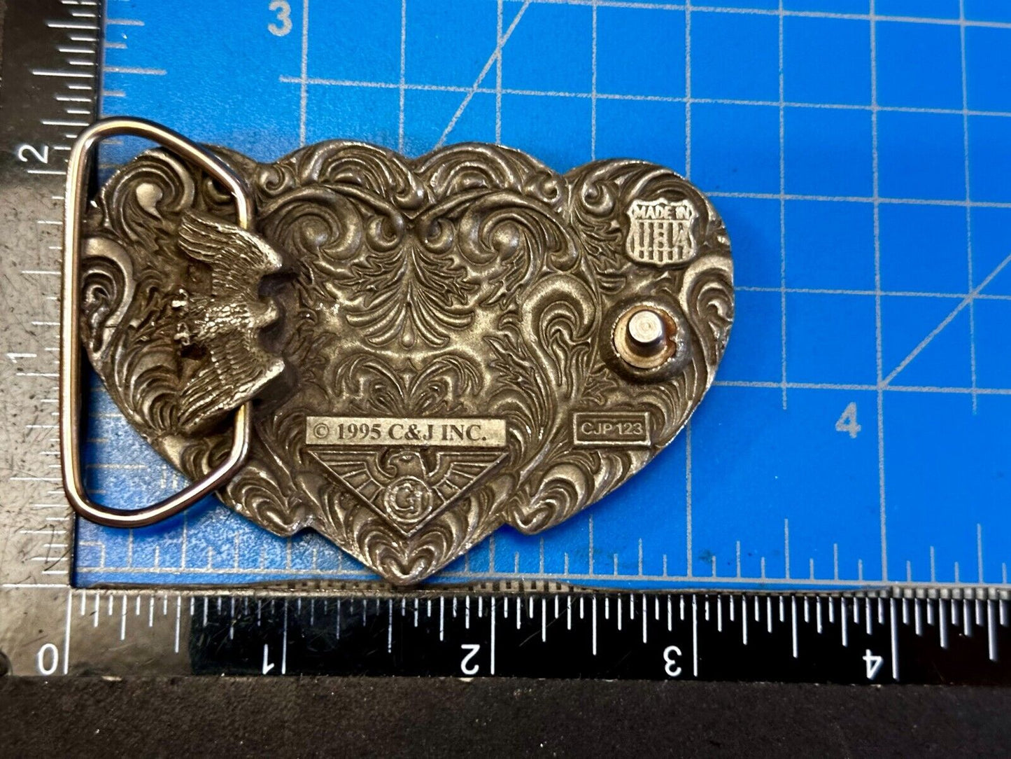 Triple Hearts Flower Swirl VTG 1995 Western Cowboy Cowgirl Belt Buckle C&J Inc.