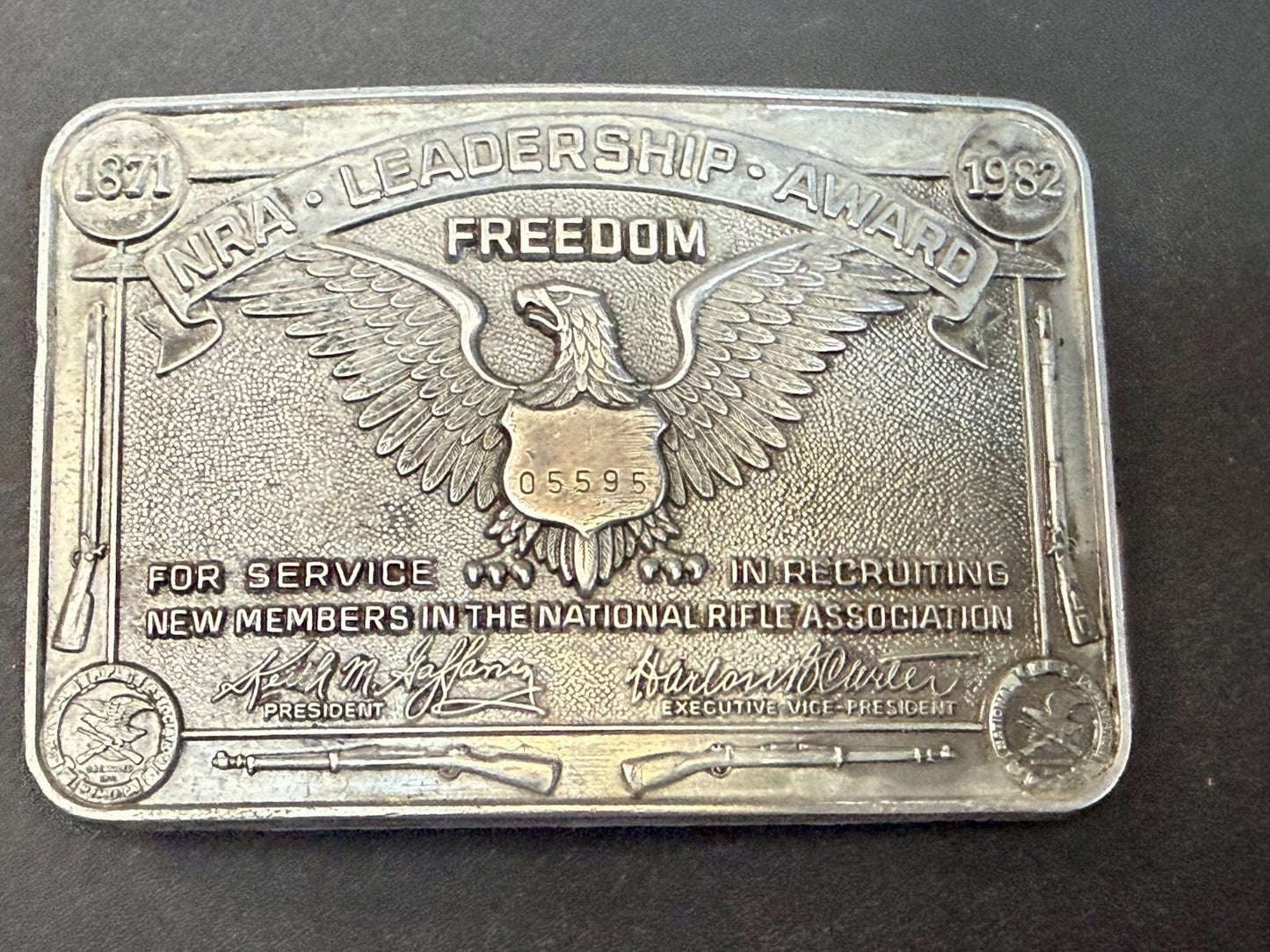 Vintage 1982 NRA National Rifle Association Leadership Award Belt Buckle