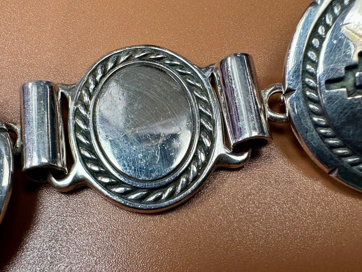 Antique 900 Silver three piece 5" wide southwest concho pattern belt buckle