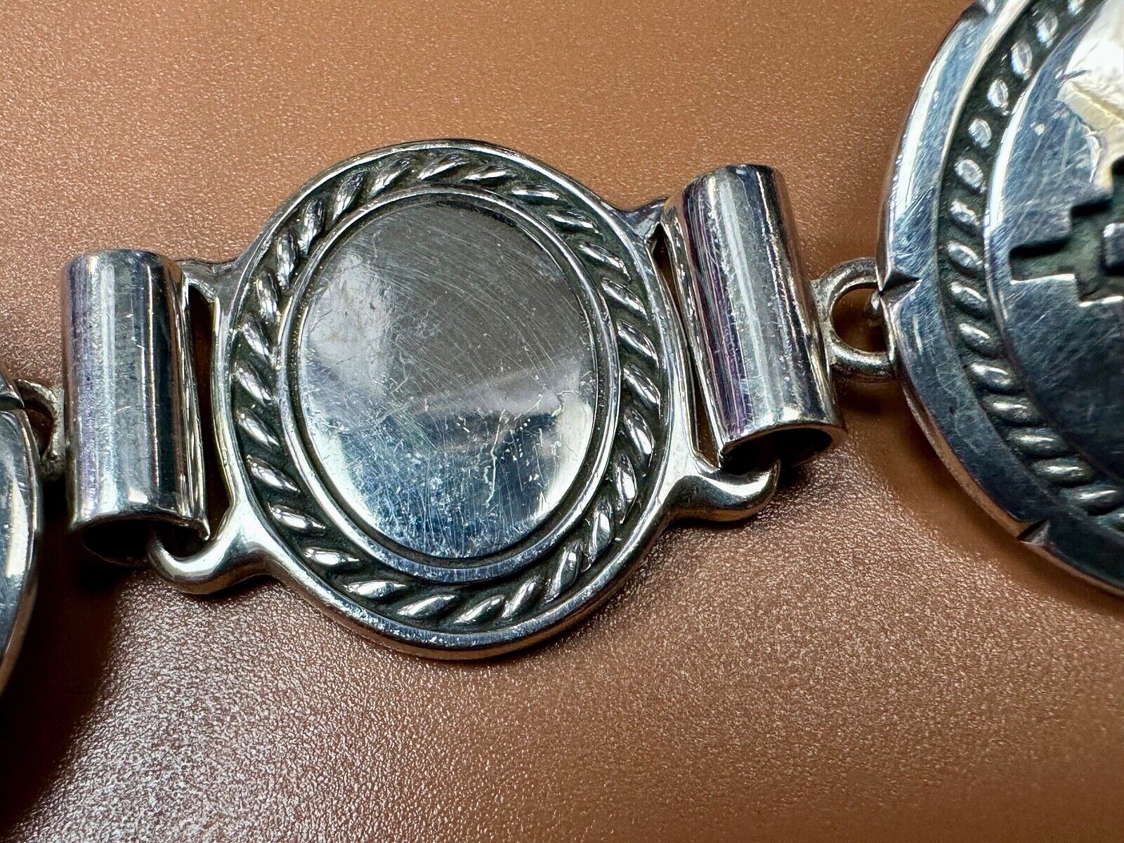 Antique 900 Silver three piece 5" wide southwest concho pattern belt buckle