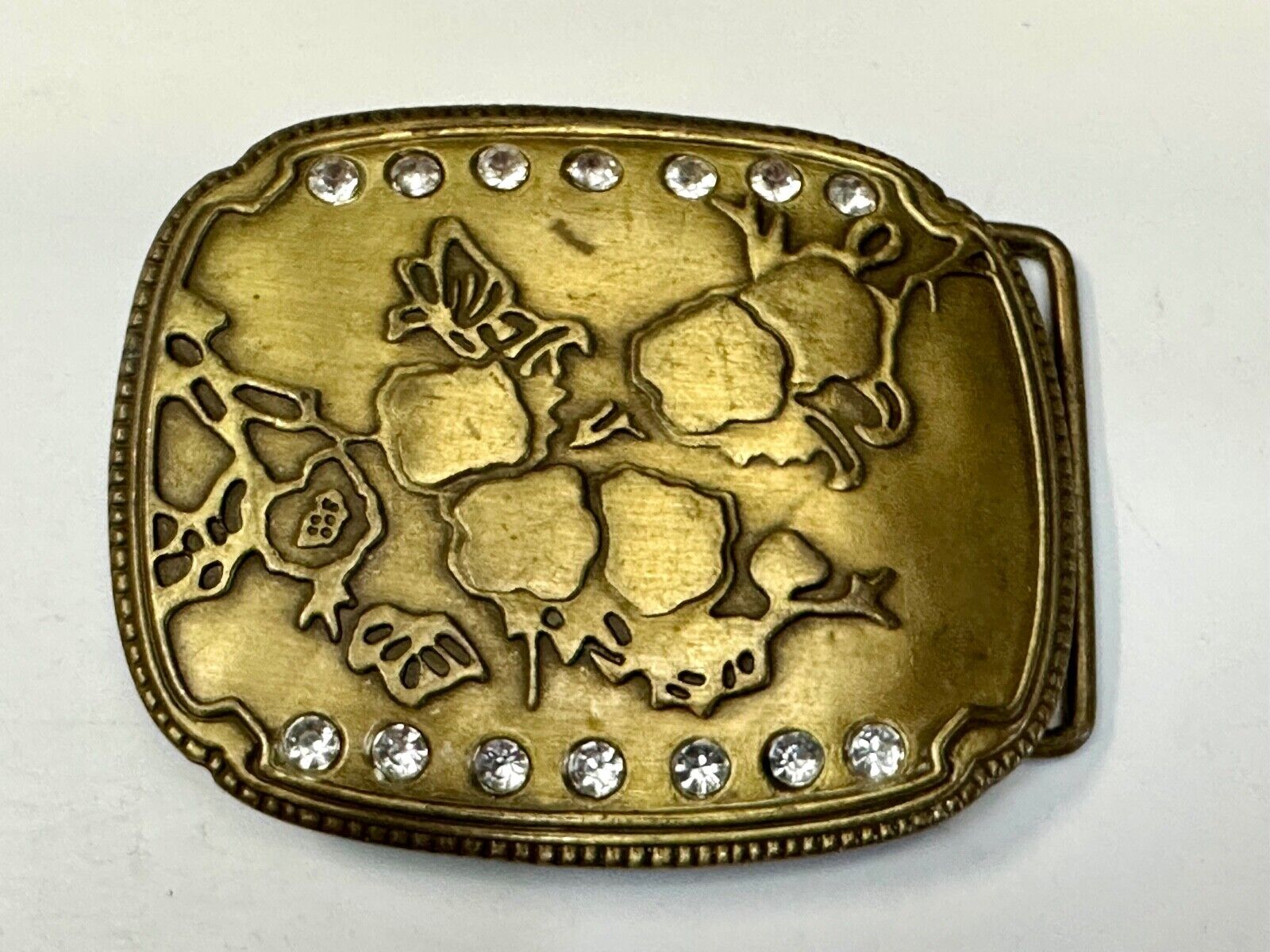 ABSTRACT Art - Butterfly tree?    Vintage Rhinestone accented Belt Buckle