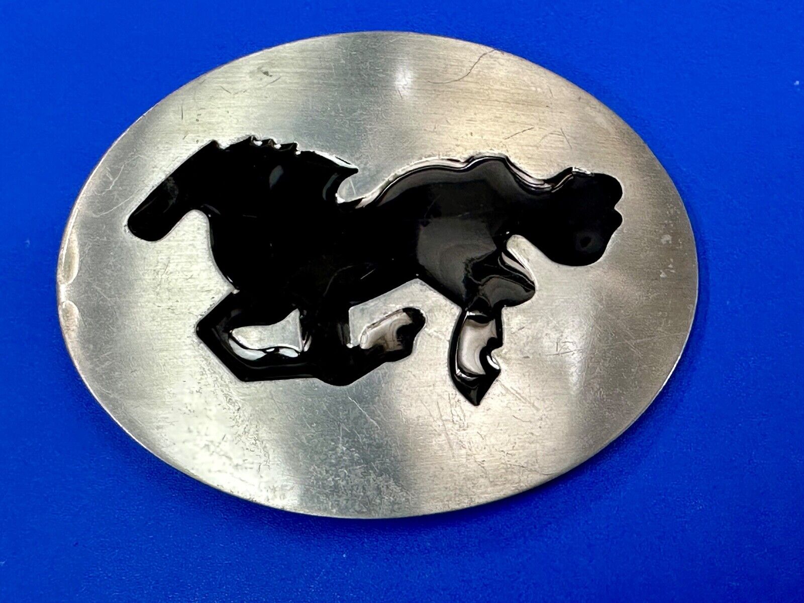 Abstract black Horse abstract Running Mustang in sleek silver color belt buckle
