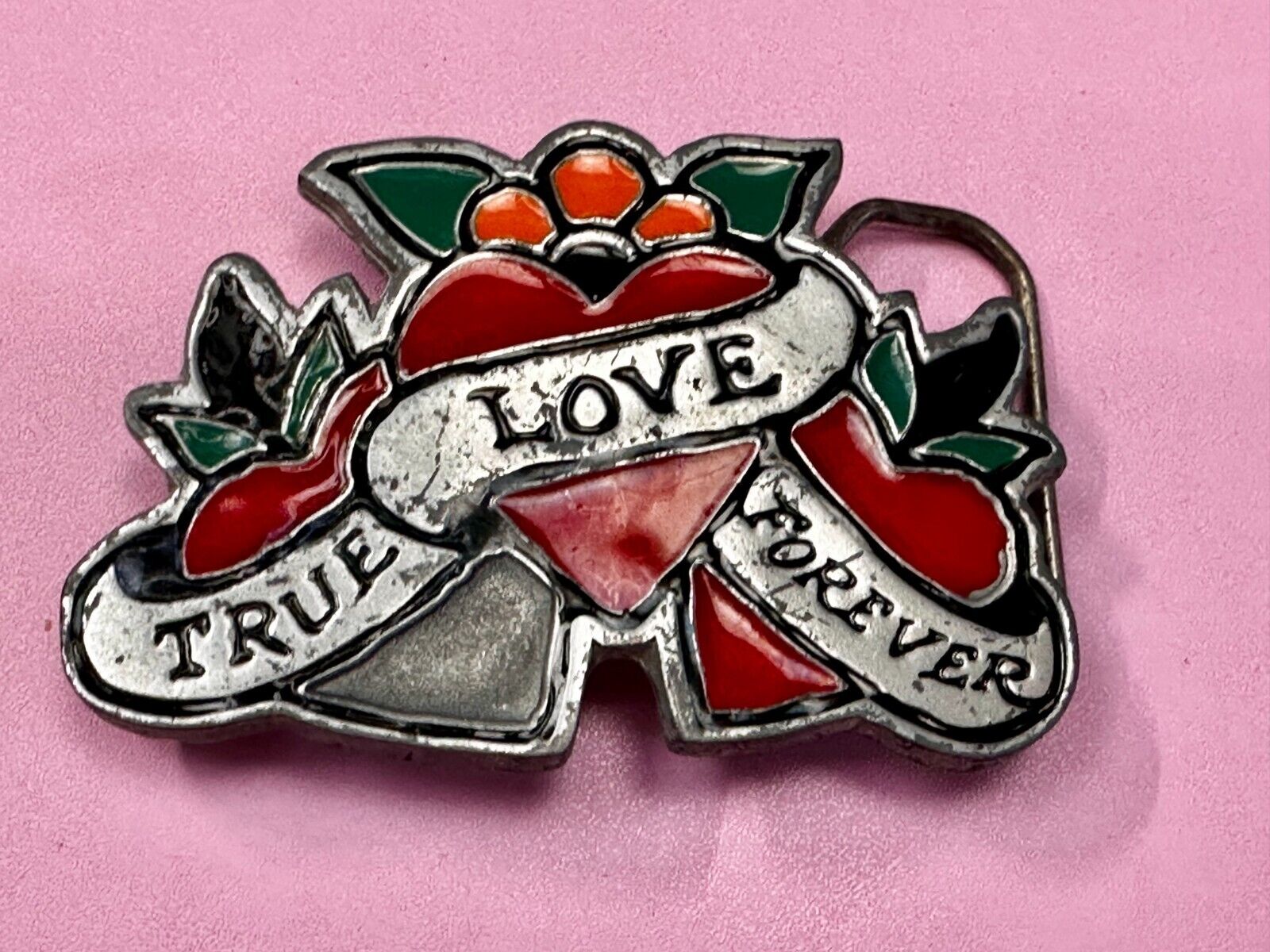 True Love Forever Three Hearts Ribbon Vintage Sailor Jerry Belt Buckle