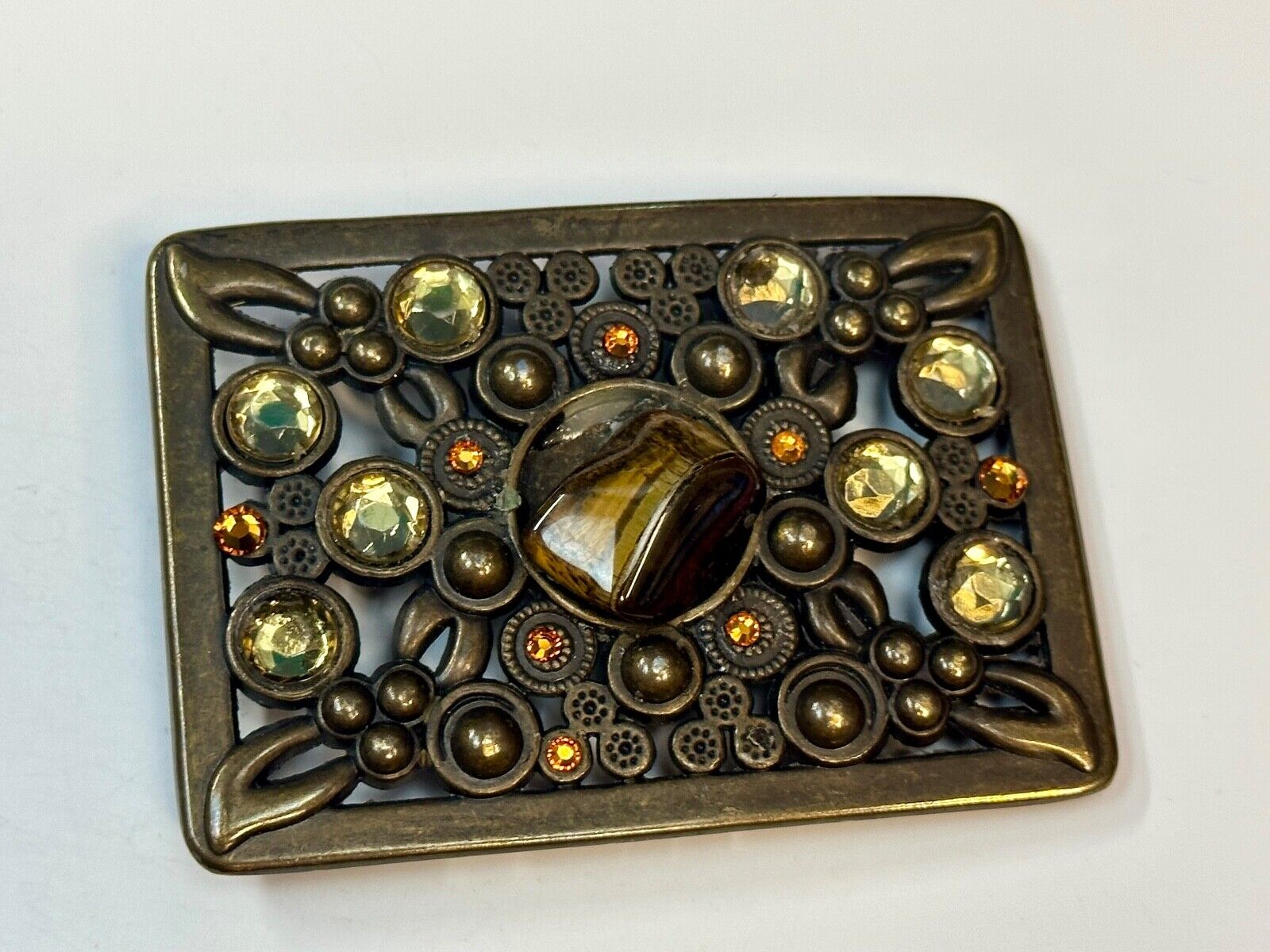 Antique Brass Style Hippie Vintage Belt Buckle With Tigers Eye In Center