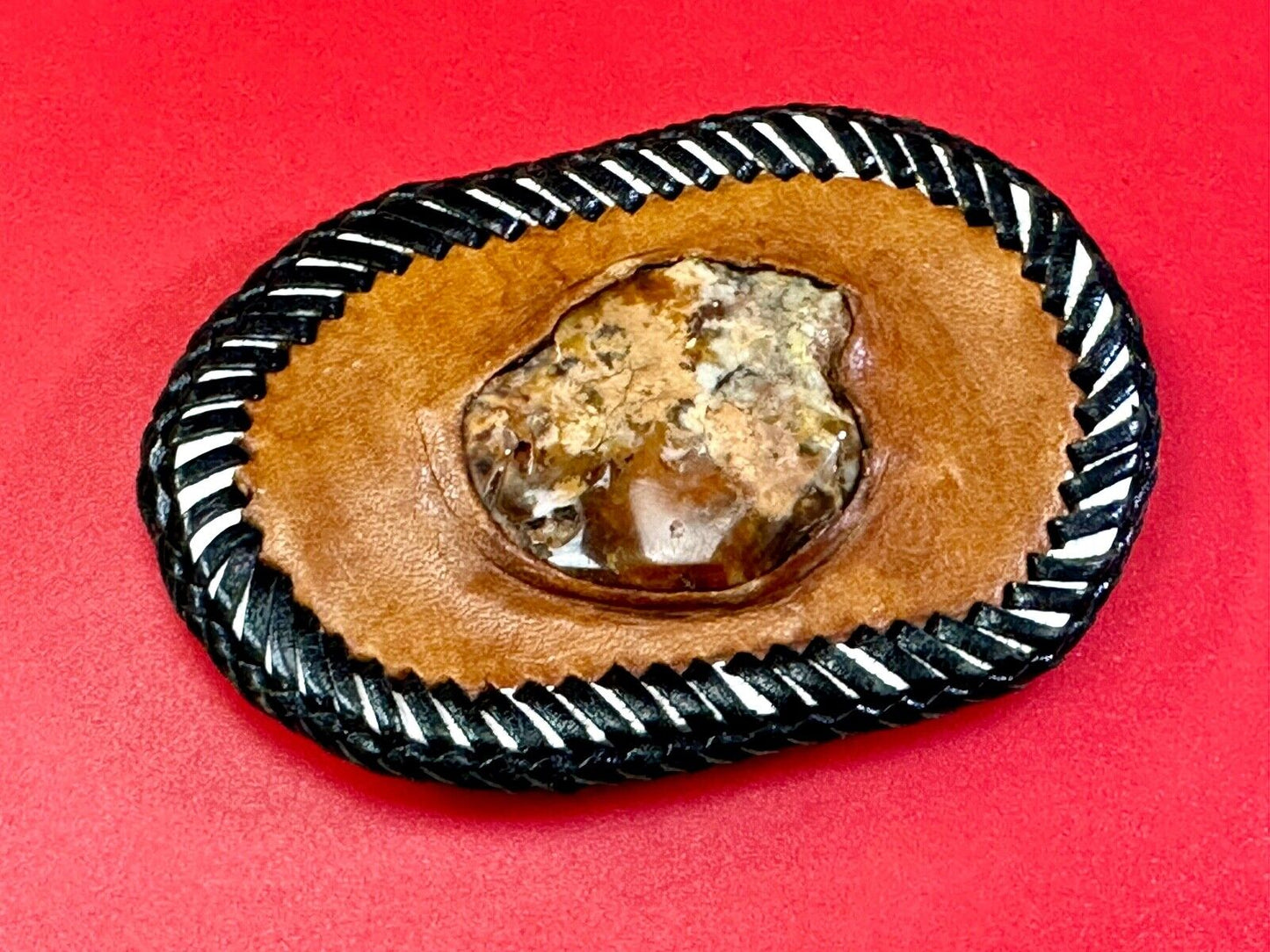 Vintage leather & stone? hand stitched belt buckle