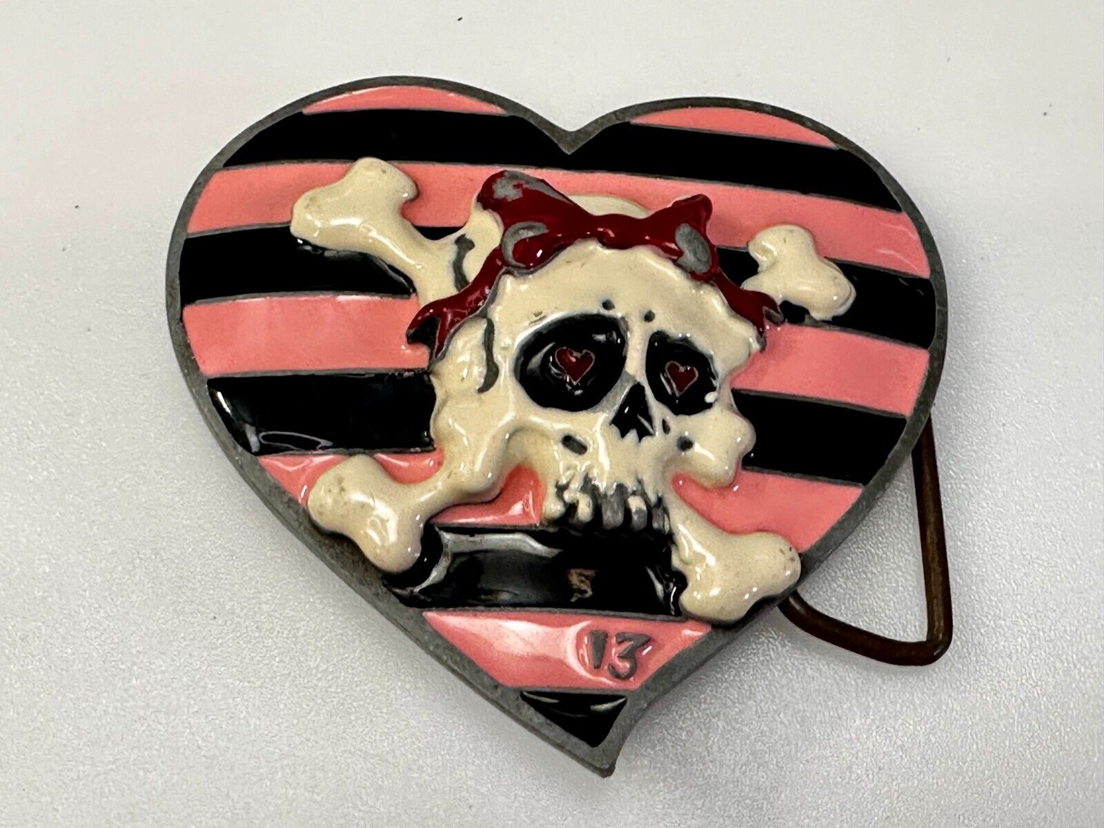 3D Heart Shaped Skull with Bow Cross Bone Ladies Belt Buckle Lucky 13 Apparel