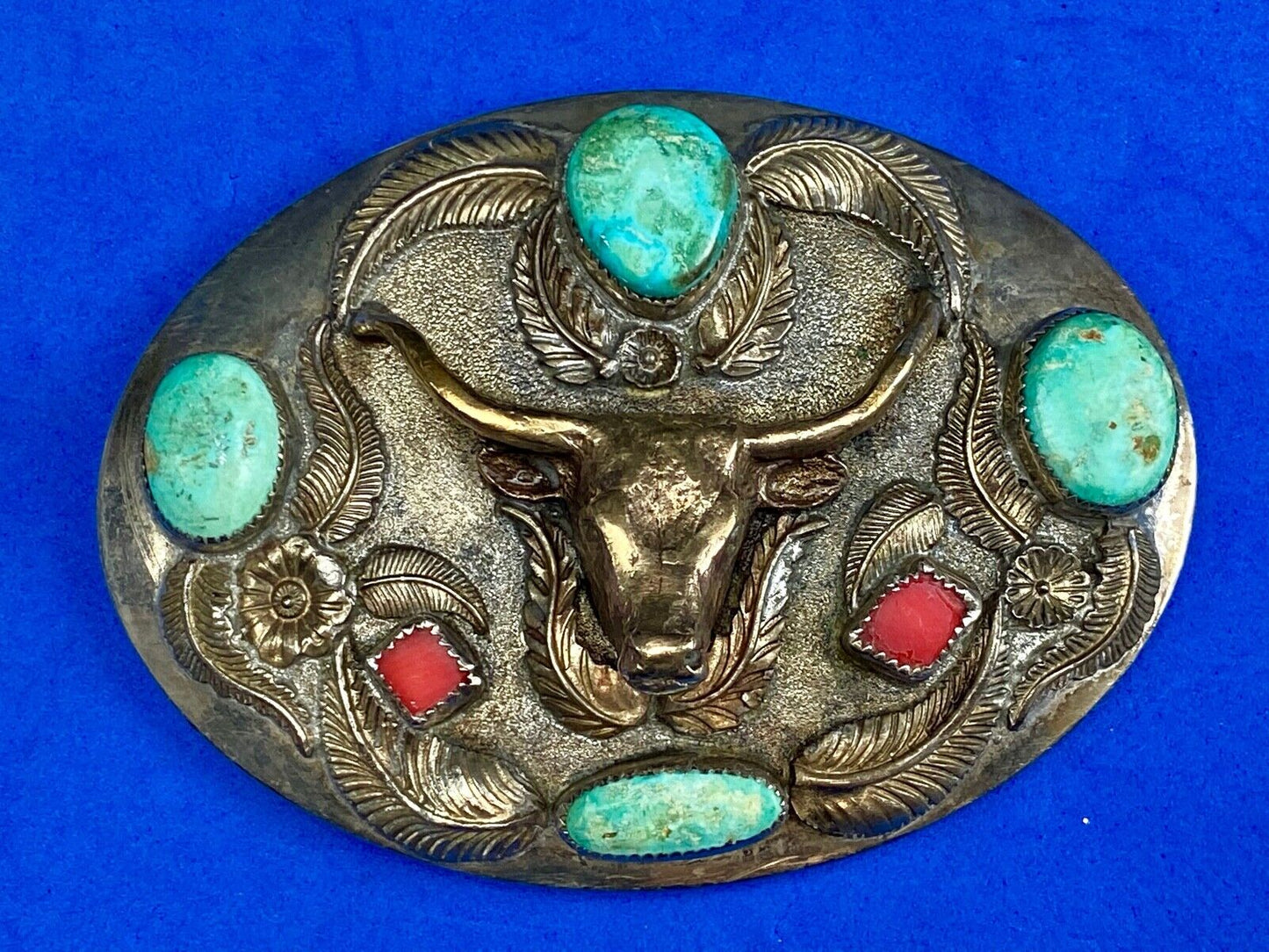 Turquoise & Coral Longhorn Western Belt Buckle By D.K.S. Dieter K.Stiglitz 