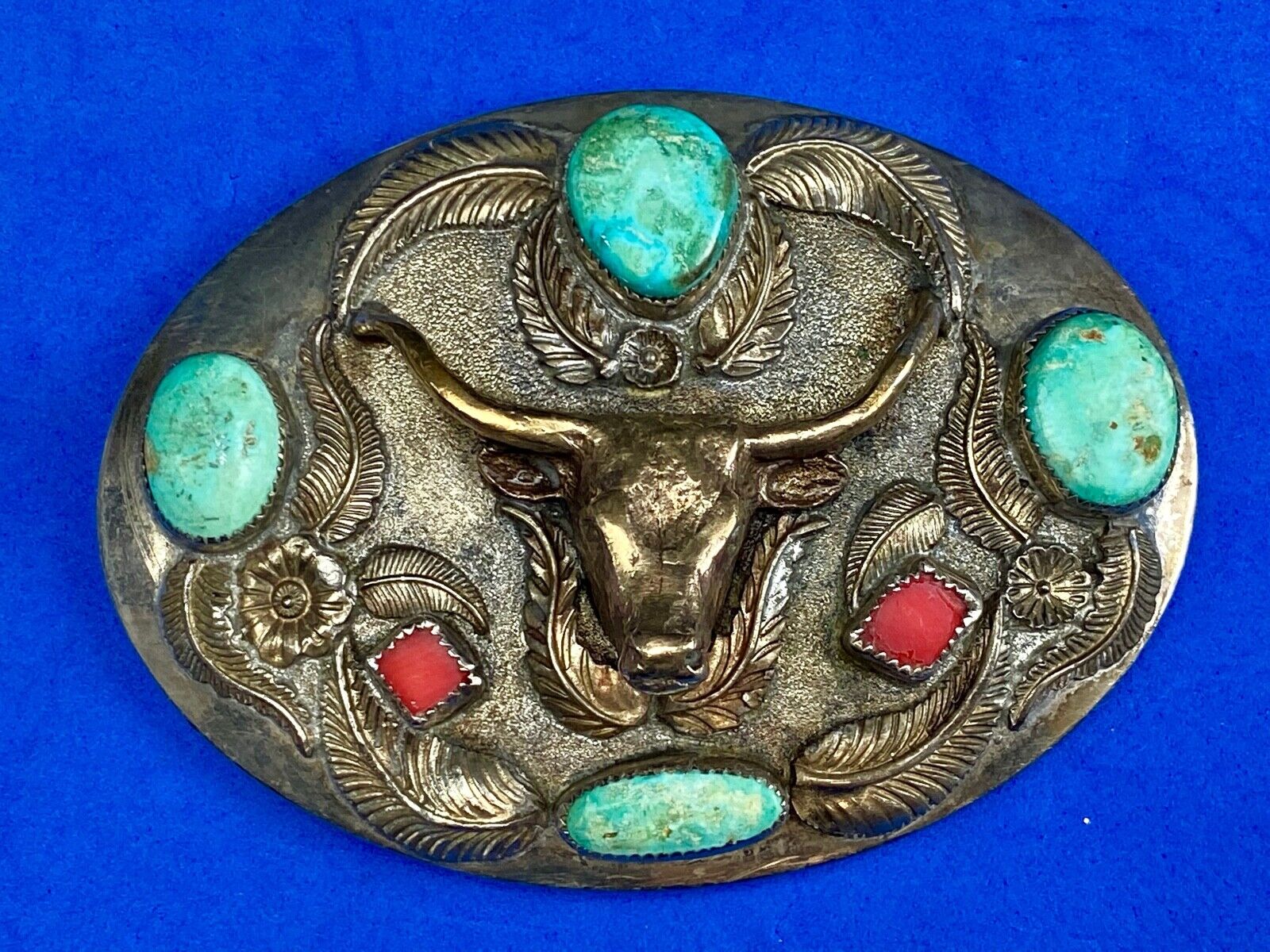 Turquoise & Coral Longhorn Western Belt Buckle By D.K.S. Dieter K.Stiglitz 