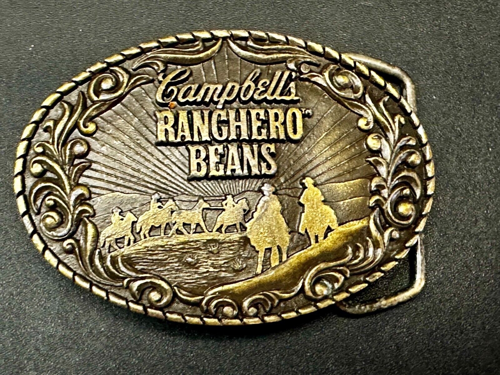 Vintage Campbells Soup Ranchero Beans Western Cowboy Chuck Wagon Belt Buckle