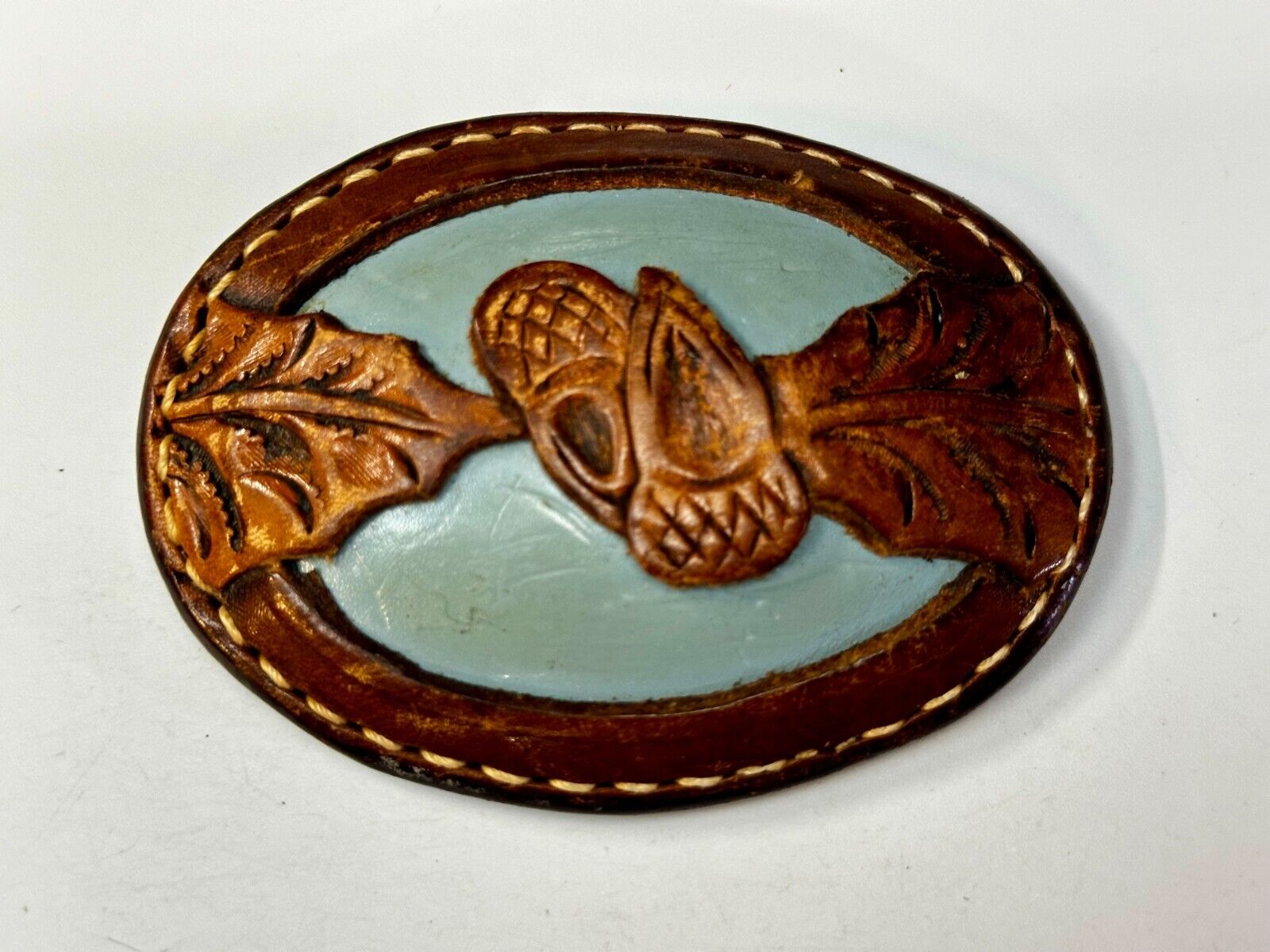 Artisan Hand-Stitched Acorn Leaf Brown Leather 4" Large Unique Belt Buckle